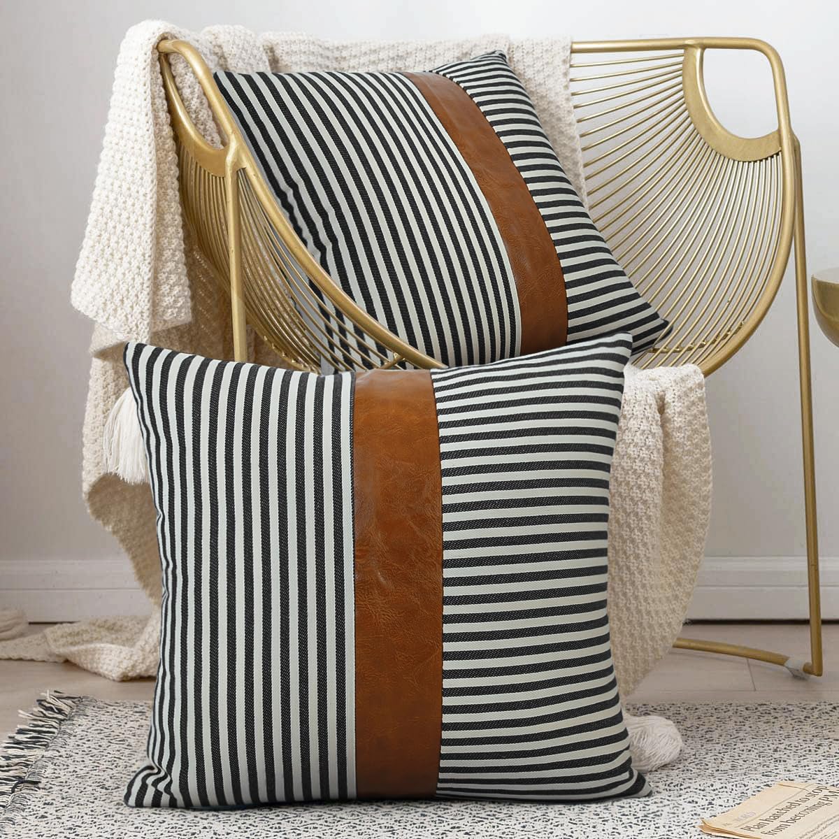 20x20 Inch Farmhouse Decorative Pillow Covers Set of 2 - Black Stripe Leather Accent Pillowcases for Couch, Sofa & Living Room Decor - Perfect for Farmhouse, Modern & Rustic Home Styling