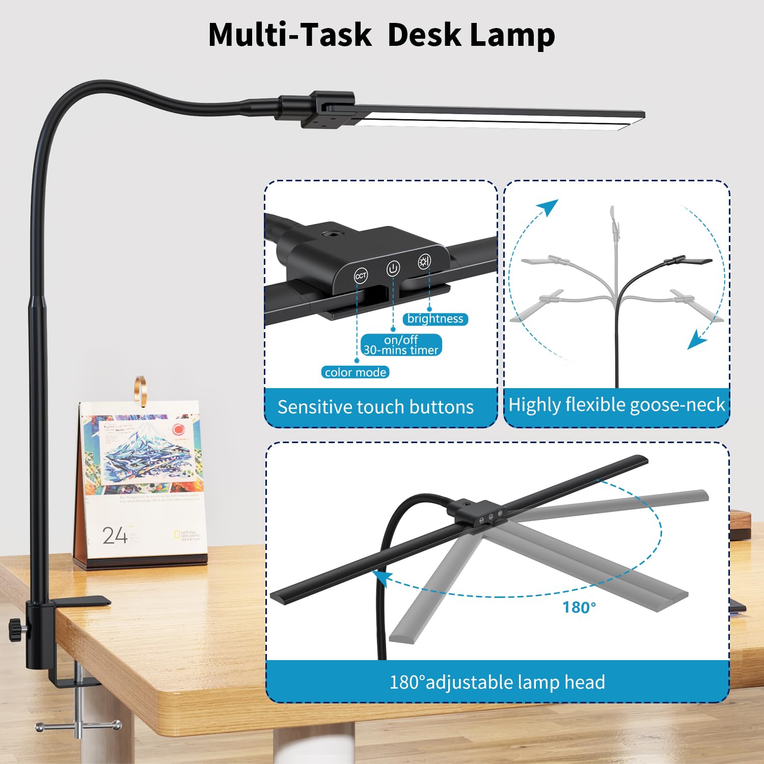 KableRika Dual Head LED Desk Lamp with Clamp - Adjustable Architect Light with Remote Control, Eye-Caring Task Lighting for Office, Home, Study & Reading - Perfect for Computer Workstations, Craft Tables & Nighttime Reading