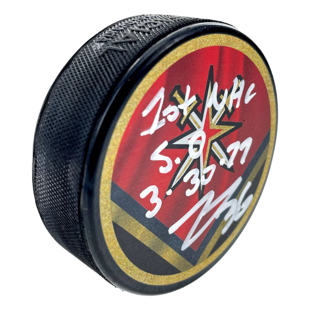 Logan Thompson Autographed Vegas Golden Knights Retro Hockey Puck - First Save Inscription - Collectible Memorabilia for NHL Fans & Sports Enthusiasts - Perfect for Display, Gifts, and Sports Collections