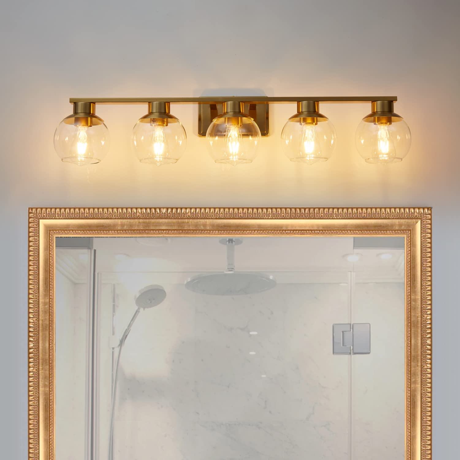 PAZALA Brushed Brass 5-Light Bathroom Vanity Light Fixture - Wall Sconce with Globe Glass Shade & E26 Base - Perfect for Bathroom Mirror, Bedroom, Living Room, Hallway & Picture Wall Lighting (Ideal for Modern Home Decor & Vanity Makeup Area)