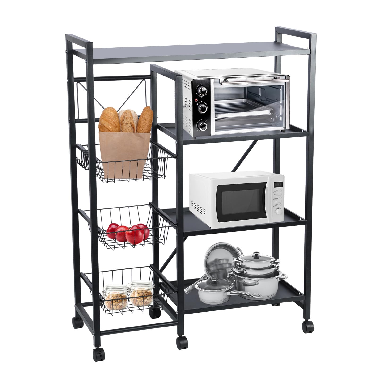4-Tier Kitchen Bakers Rack with Wheels & S-Hooks - Rolling Coffee Bar Table, Microwave Stand with Wire Basket Storage - Ideal for Spices, Pots & Pans Organization - Perfect for Small Kitchens, Pantries & Coffee Stations (Black)
