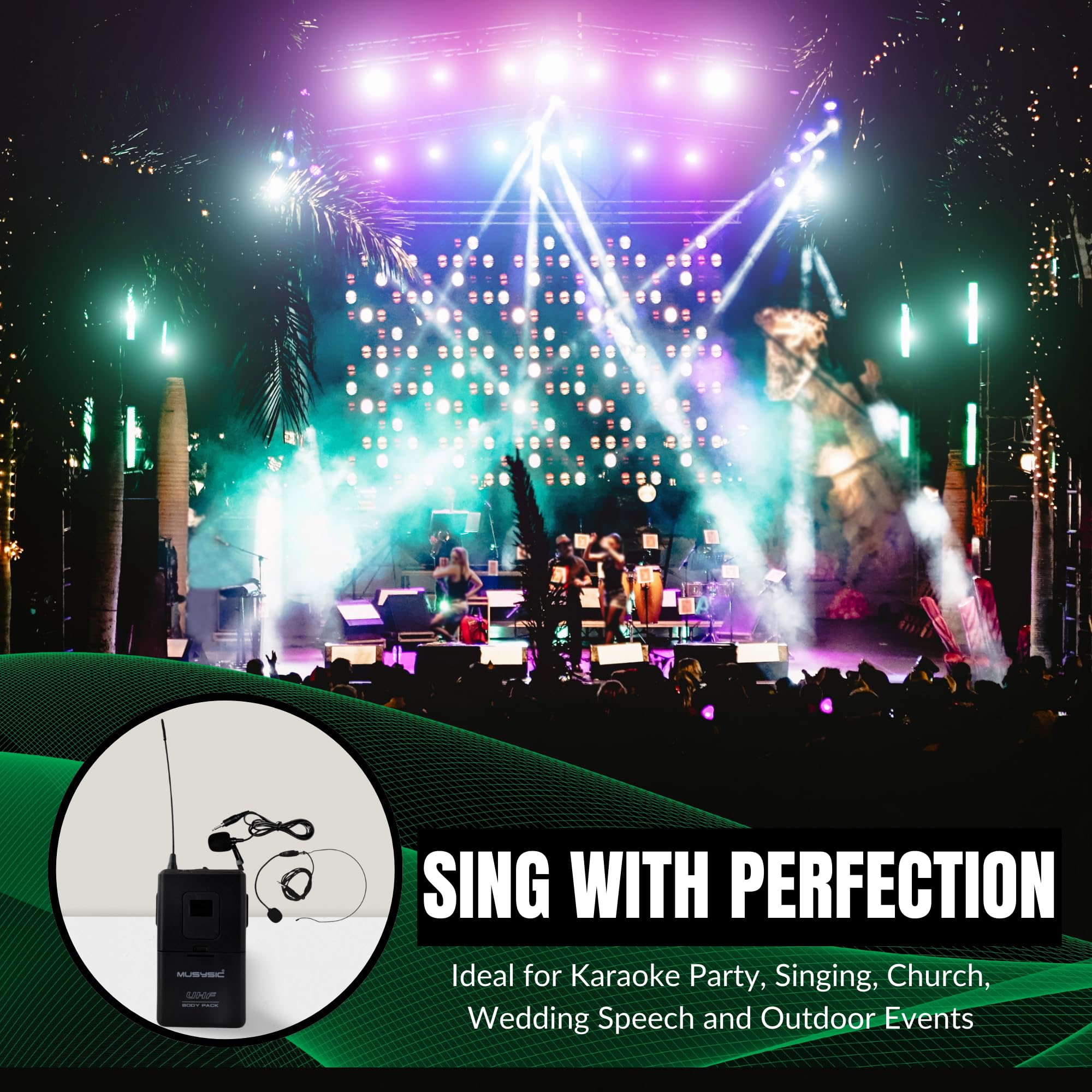 MUSYSIC 2-Channel Professional Wireless UHF Microphone System with 300ft Range - Fixed Frequency Bodypack Headset & Lapel Mic for Singing, Karaoke, Church, DJ, Public Speaking, Presentations & Live Performances