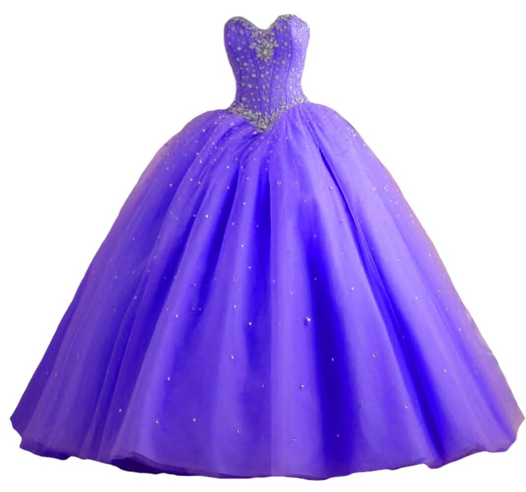 Elegant Purple Beaded Ball Gown for Women - Crystal Sequins Quinceañera & Prom Long Dress | Perfect for Sweet 16 Parties, Formal Dances & Special Occasions