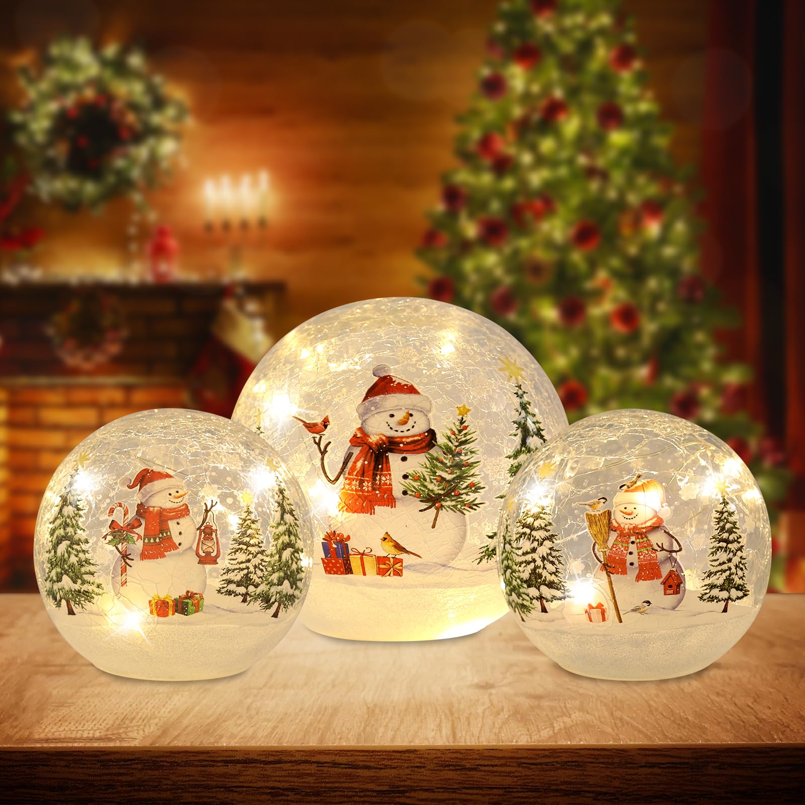 YEAHOME 3-Pack LED Crackle Glass Ball Christmas Decorations with Timer - Snowman Lighted Globes for Indoor Fireplace Mantel, Tabletop, Holiday Home Decor | Perfect for Christmas Tree, Gift Exchange & Festive Party Decor