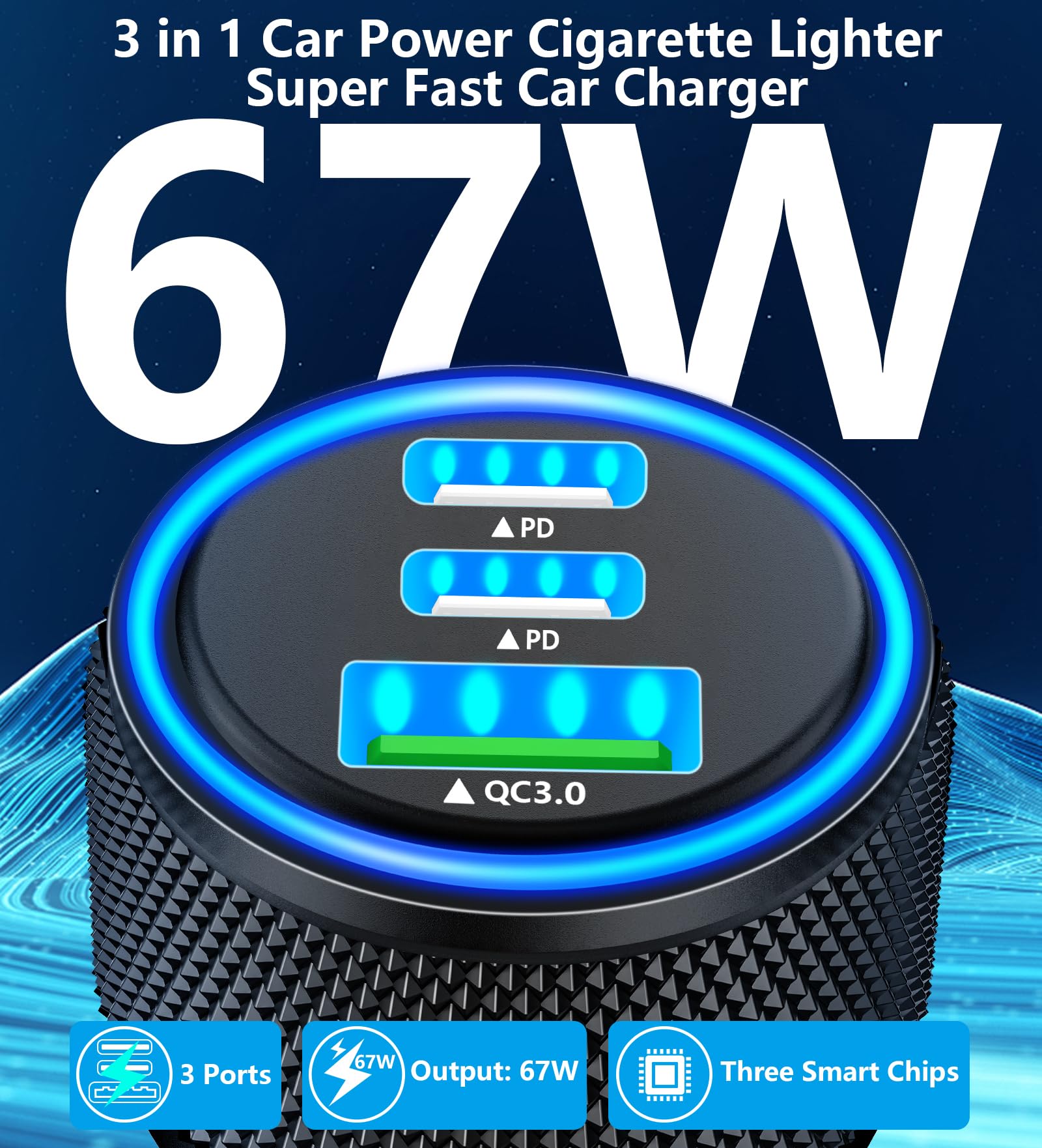 MFi Certified 67W 3-Port USB-C Car Charger for iPhone 15/Pro - Fast PD/QC Charging with Braided Cable - Compatible with Galaxy S24/S23/Pixel - Perfect for Road Trips & Daily Commutes
