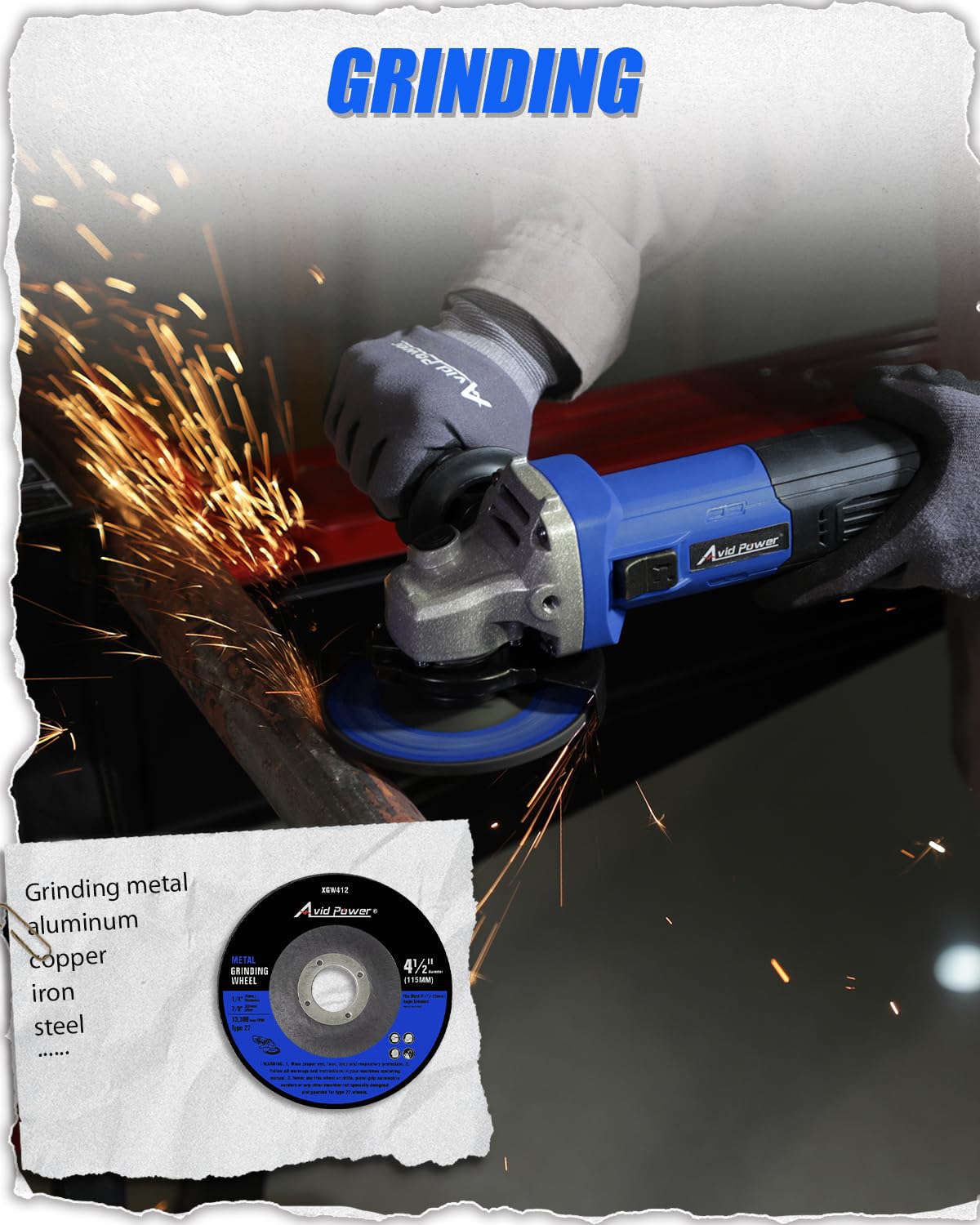 AVID POWER 7.5-Amp 4-1/2 Inch Angle Grinder with Grinding Wheels, Cutting Wheels & Flap Disc - Electric Power Tool for Metal Cutting, Grinding, Polishing & Rust Removal - Perfect for DIY Projects, Metalworking & Home Renovations - Blue