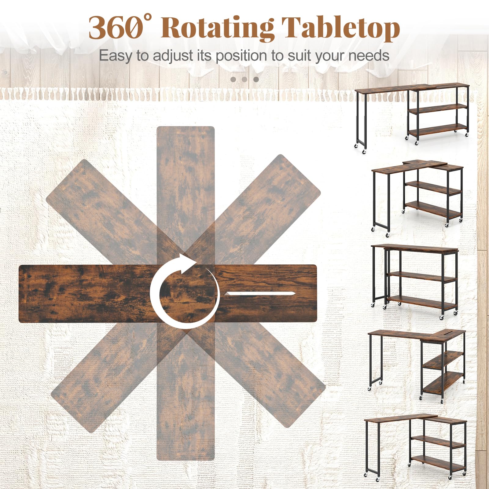 Tangkula 360° Rotating Side Table for Couch - Patented Mobile Laptop Desk with 2-Tier Storage Shelves & Sturdy Metal Frame | Extendable Snack Table for Living Room, Home Office & Bedroom Use