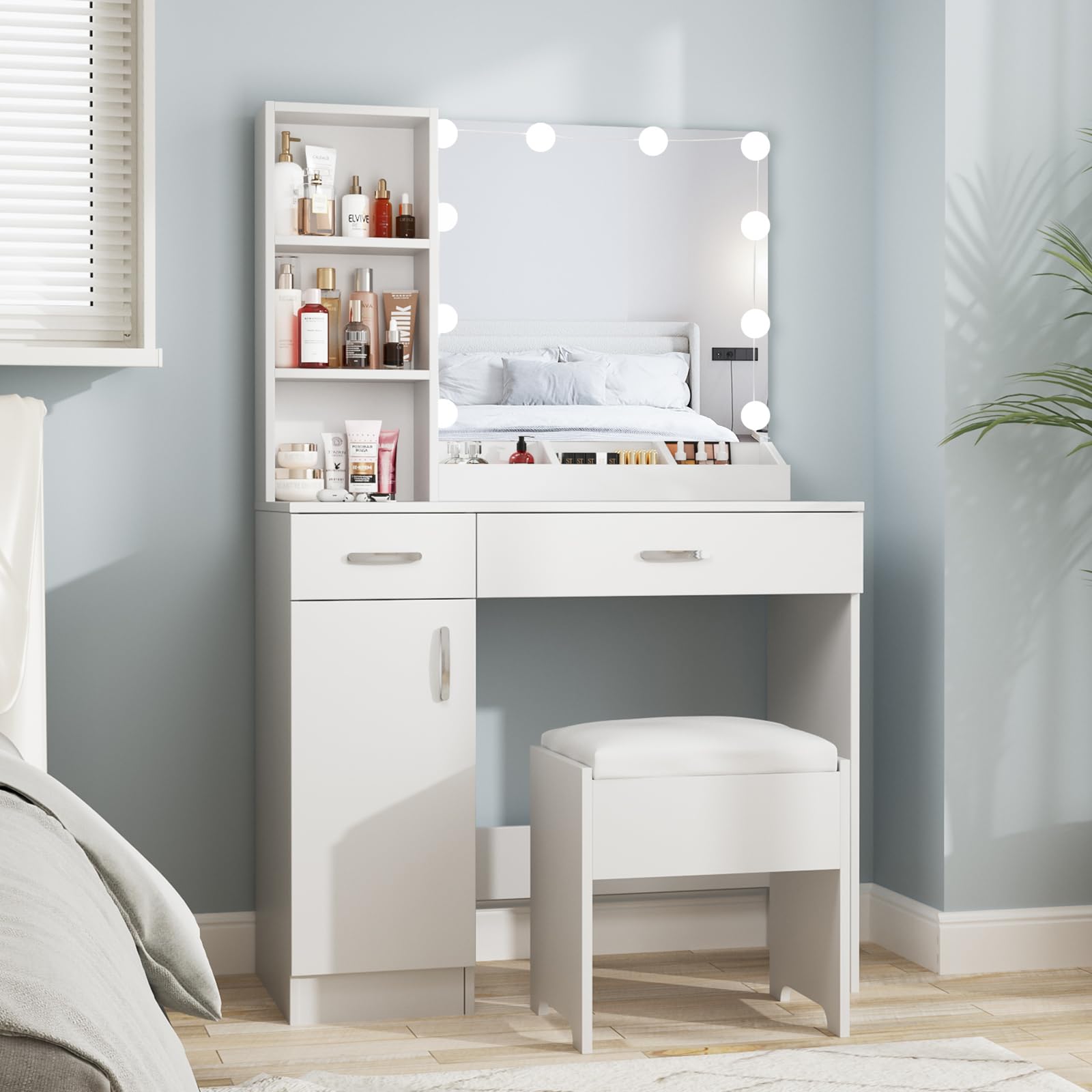 Fameill White Vanity Desk with LED Mirror & 2 Drawers - Adjustable 3-Color Lighting Makeup Table with Storage (35 Inch) - Perfect for Bedroom, Dressing Room & Beauty Salon