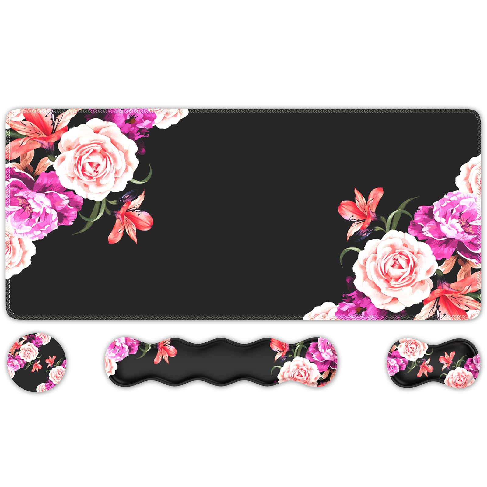 iLeadon Mouse Pad Set - Large Desk Mat with Wrist Support, Non-Slip Base & Stitched Edge | Ergonomic Keyboard & Mouse Pad Combo with Coaster | Perfect for Office Work, Gaming & Home Computer Use | Peony Flower Design