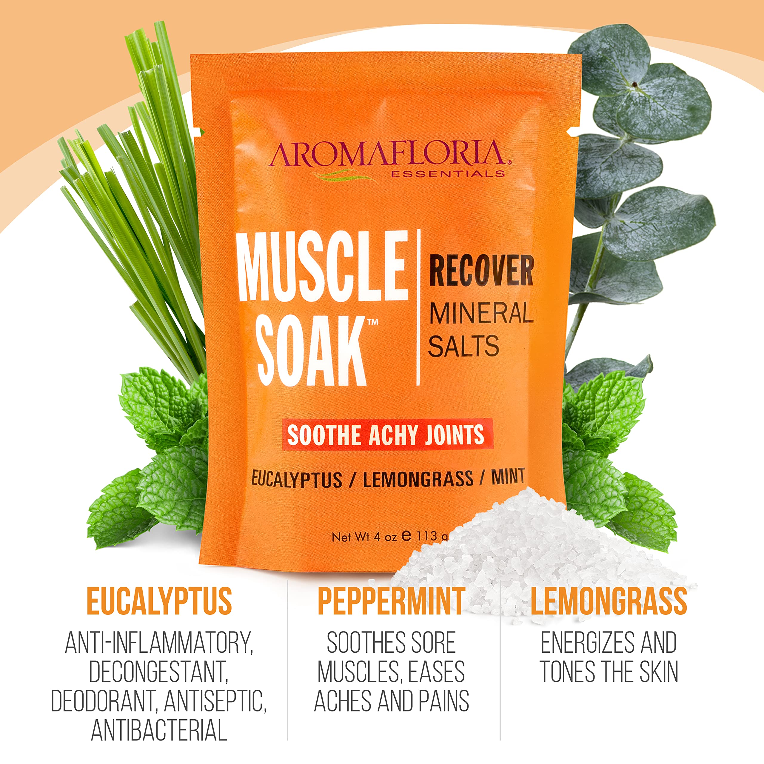 Muscle Recovery Bath Salts with Eucalyptus, Lemongrass & Mint - 4 oz Travel Size Mineral Soak - 3 Pack for Post-Workout Relaxation & Stress Relief