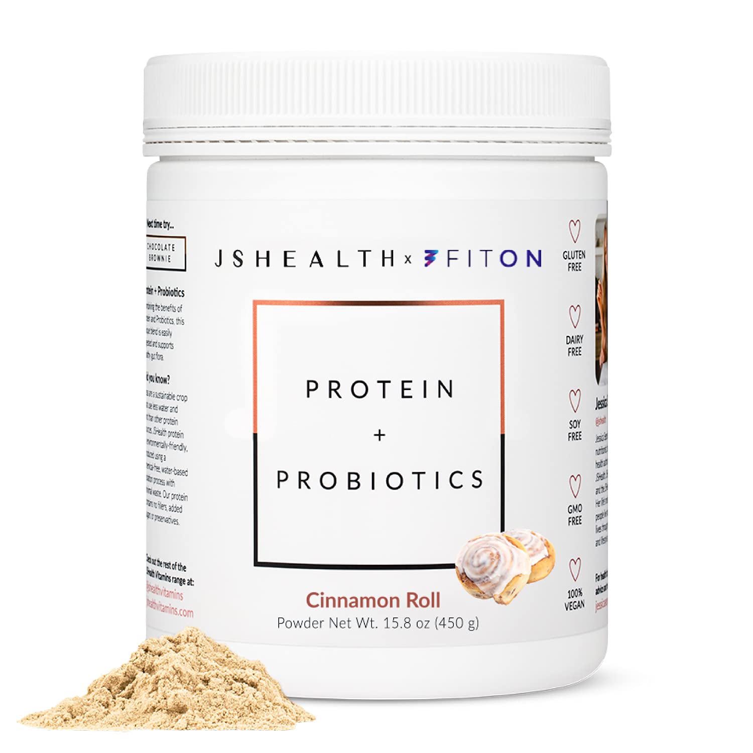 JSHealth Vegan Pea Protein Powder with Probiotics - Gluten Free, Non GMO, Plant Based Protein Drink Mix - 450g, Cinnamon Roll Flavor for Smoothies, Baking & Post-Workout Recovery