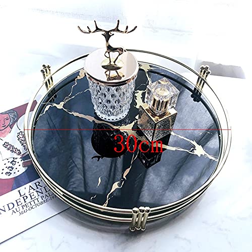 Elegant Black Marble Pattern Mirror Tray - Round Metal Cosmetic & Jewelry Organizer for Bathroom Vanity, Dressing Table, and Living Room Decor - Perfect for Home Storage and Display (Tray Color)