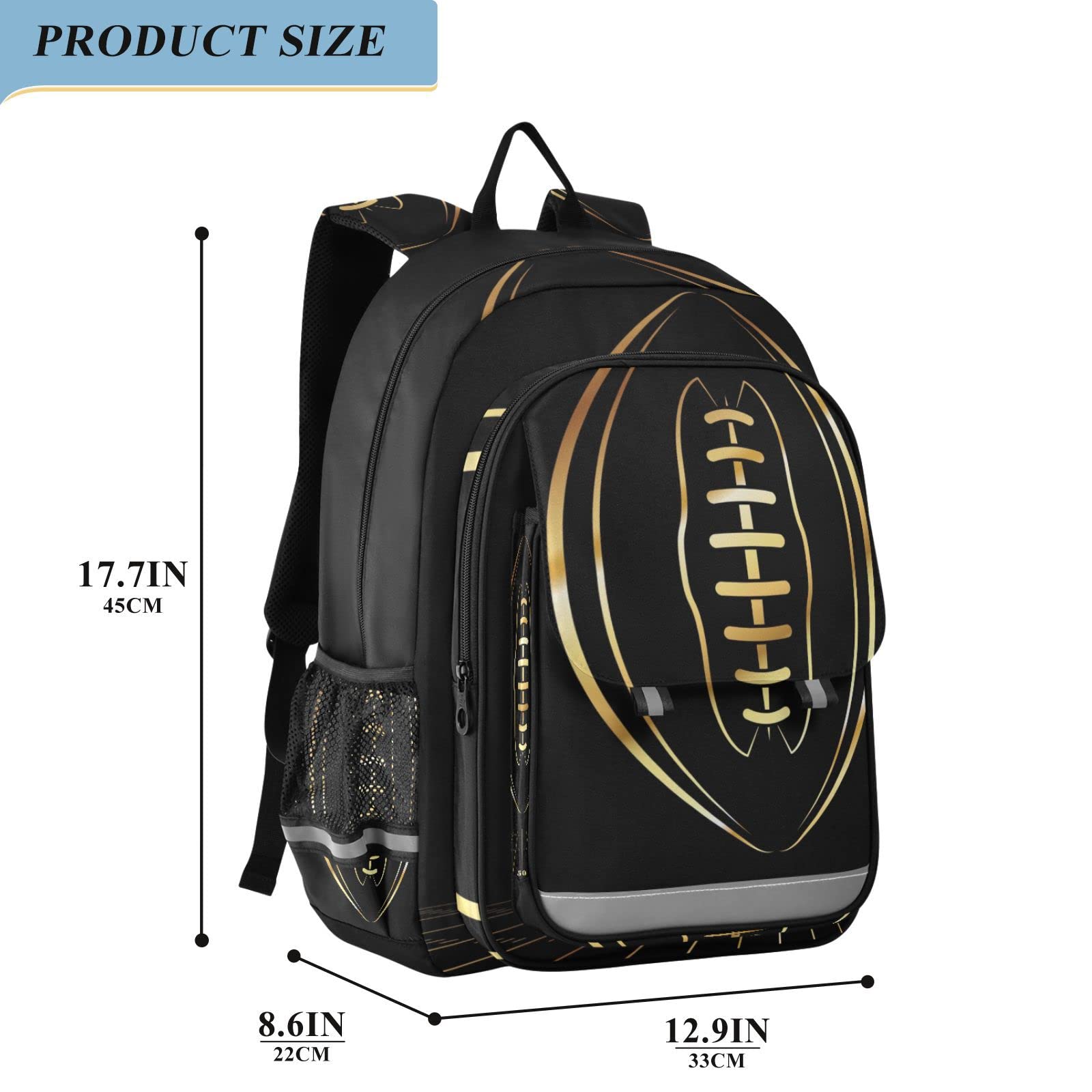 Lightweight American Football Themed School Backpack - Gold Laptop Backpack for Students with Reflective Stripes | Perfect for College, Travel & Daily Commute