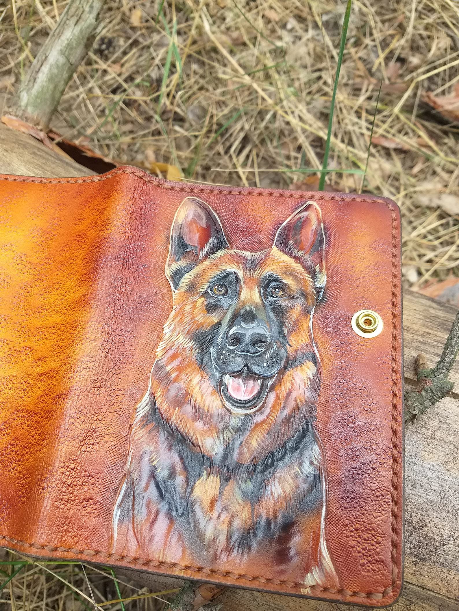 Handmade 3D Genuine Leather Wallet for Men - Custom Carved & Tooled Biker Wallet with Airbrush Art - Personalized German Shepherd Design - Perfect Gift for Motorcycle Riders & Leather Enthusiasts