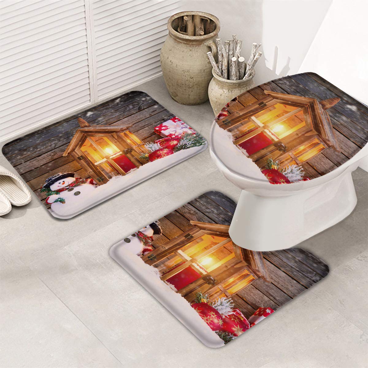 Chic D Merry Christmas Snowman 3-Piece Bath Mat Set - Non-Slip Luxury Soft Absorbent Bathroom Rugs with Contour Mat & Toilet Lid Cover - Washable & Dryable - Perfect for Holiday Home Decor & Cozy Winter Bathroom