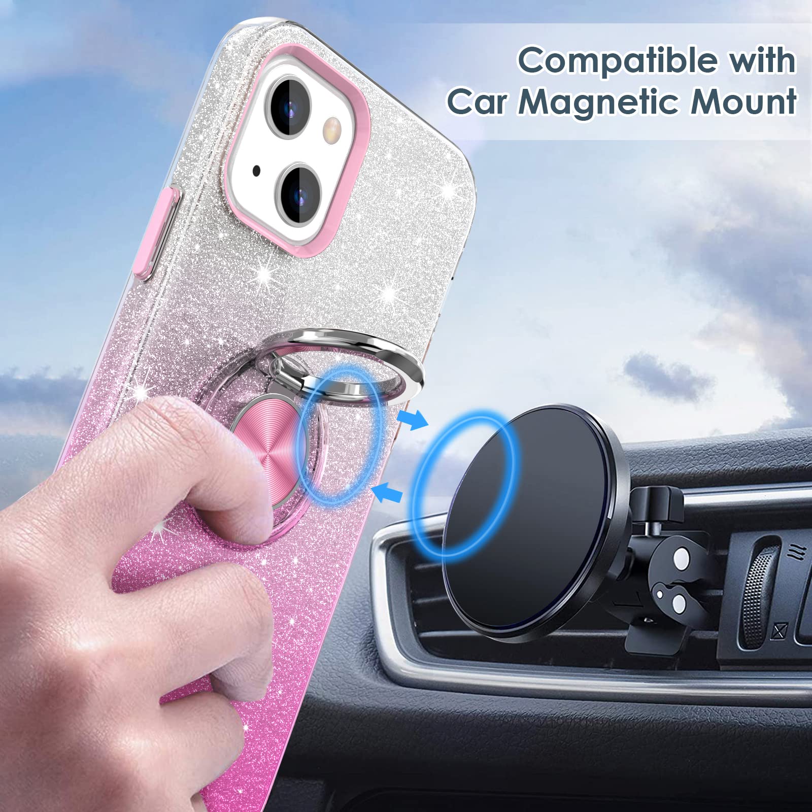 Hython Magnetic Phone Case for iPhone 13 with 360° Rotatable Ring Stand & Kickstand - Glitter Bling Sparkle Hybrid Slim Protective Cover for Women (Pink) | Perfect for Car Mounting, Hands-Free Viewing & Everyday Protection