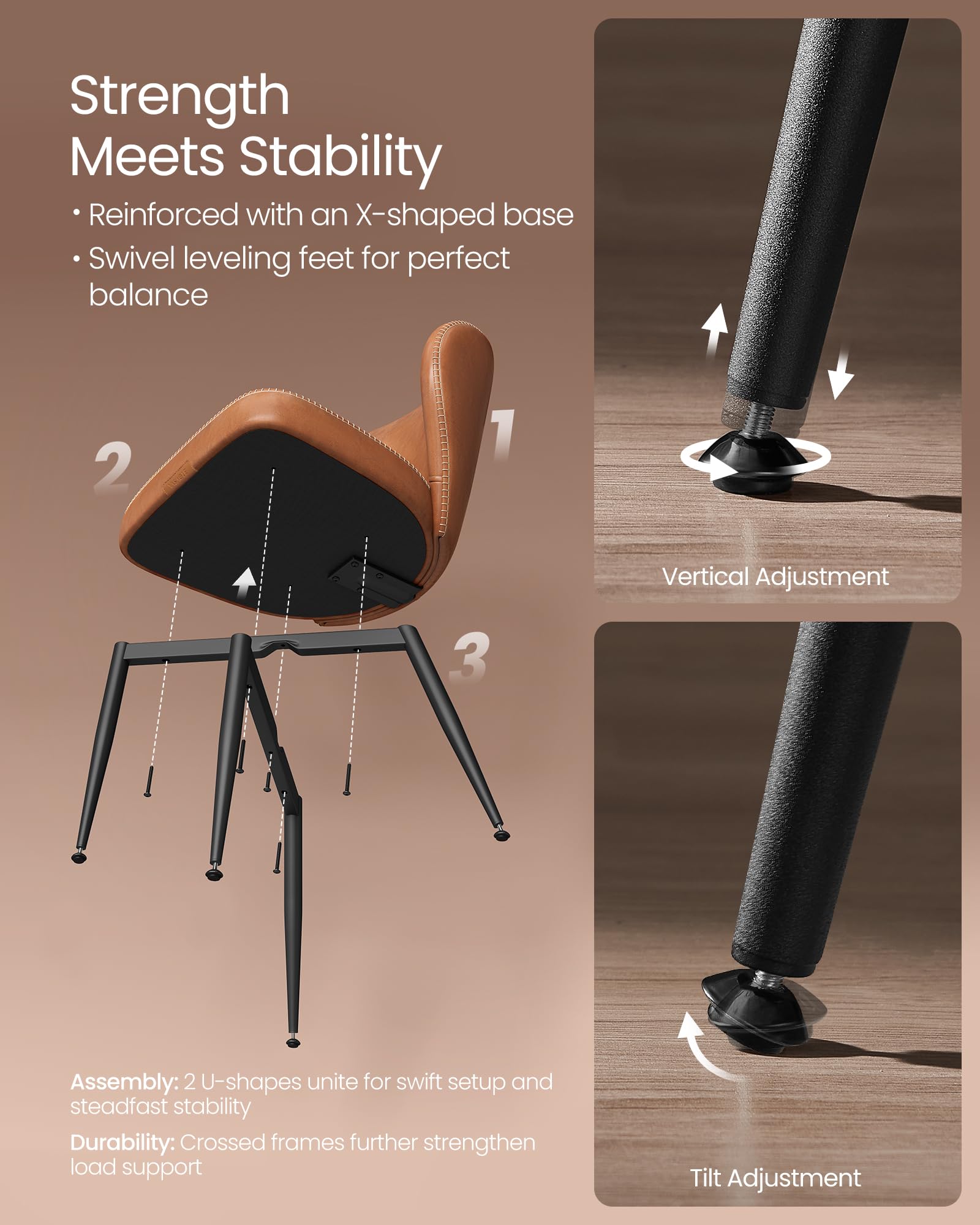 VASAGLE EKHO Mid-Century Modern Dining Chairs Set of 2 - Upholstered Kitchen Chairs with Comfortable Synthetic Leather Seat & Stitching - Easy Assembly - Caramel Brown - Perfect for Dining Room, Kitchen, Living Room & Lounge Areas