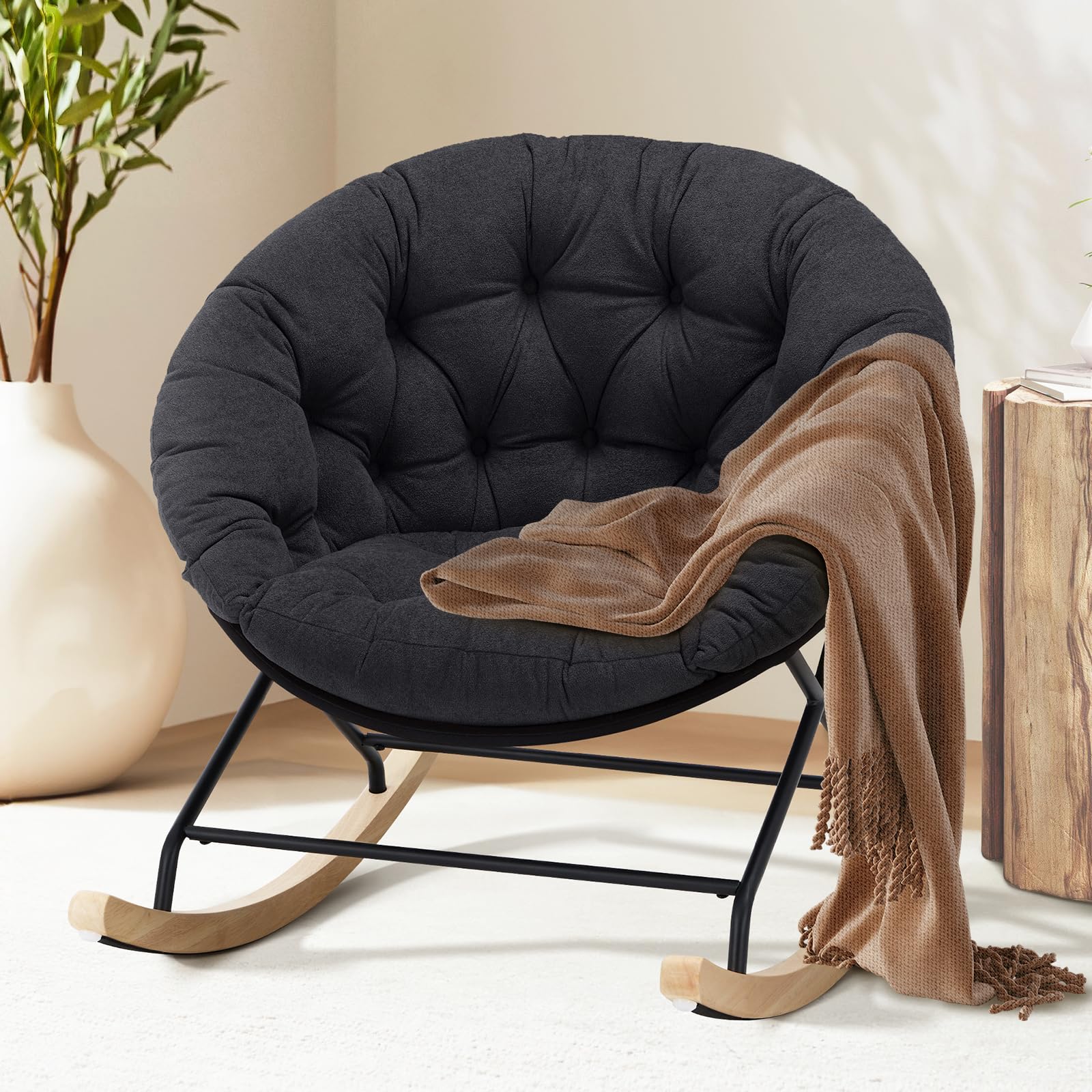 COLAMY Upholstered Rocking Chair with Comfy Cushions - Nursery Glider, Saucer Armchair with Wood Base & Metal Legs - Perfect for Living Room, Bedroom, Office (Black) | Ideal for Nursing, Reading & Relaxation