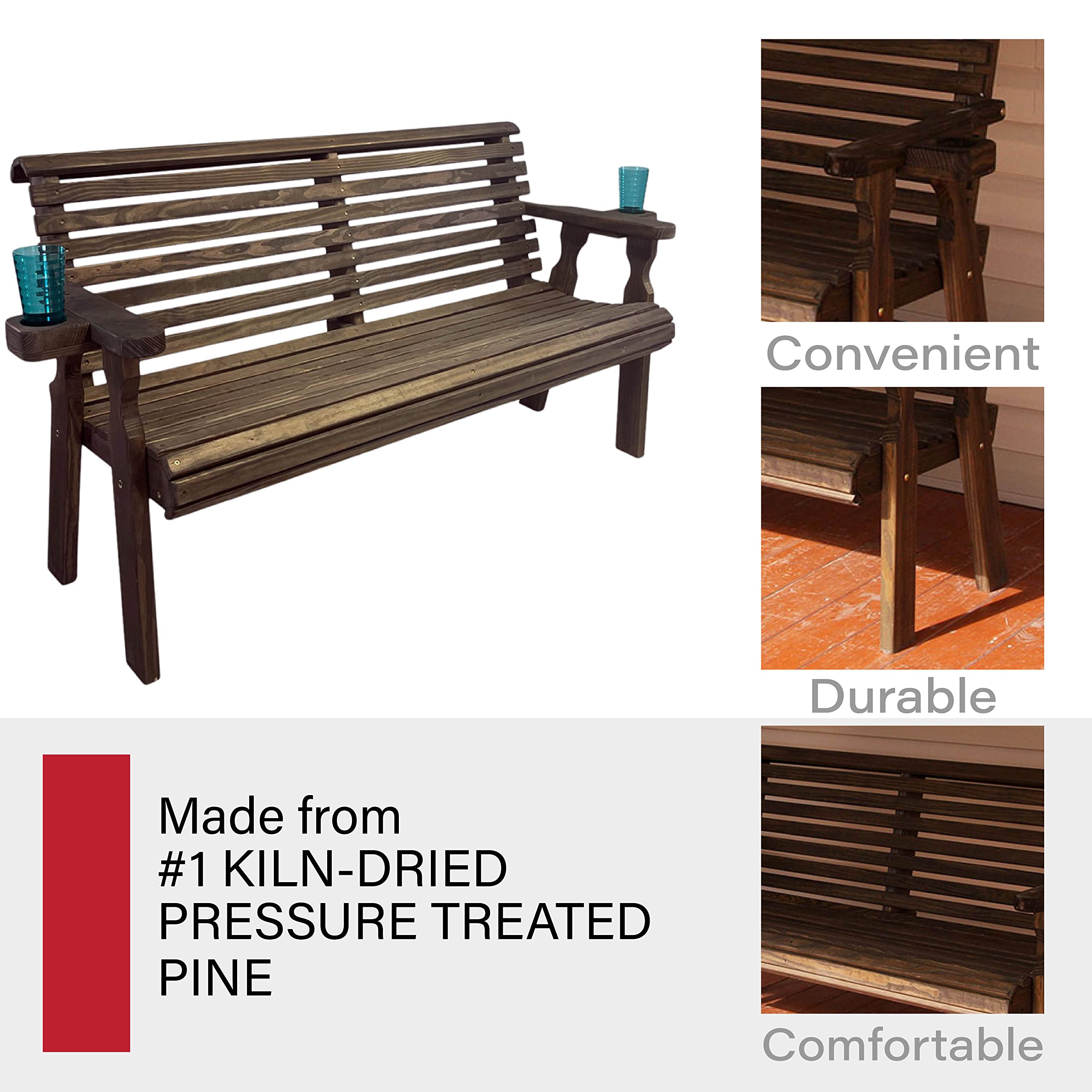 Amish Crafted Heavy Duty 4FT Outdoor Garden Bench with Cup Holders - Pressure Treated Dark Walnut Roll Back Design, 700LB Weight Capacity for Patio, Deck, Porch, and Backyard Relaxation