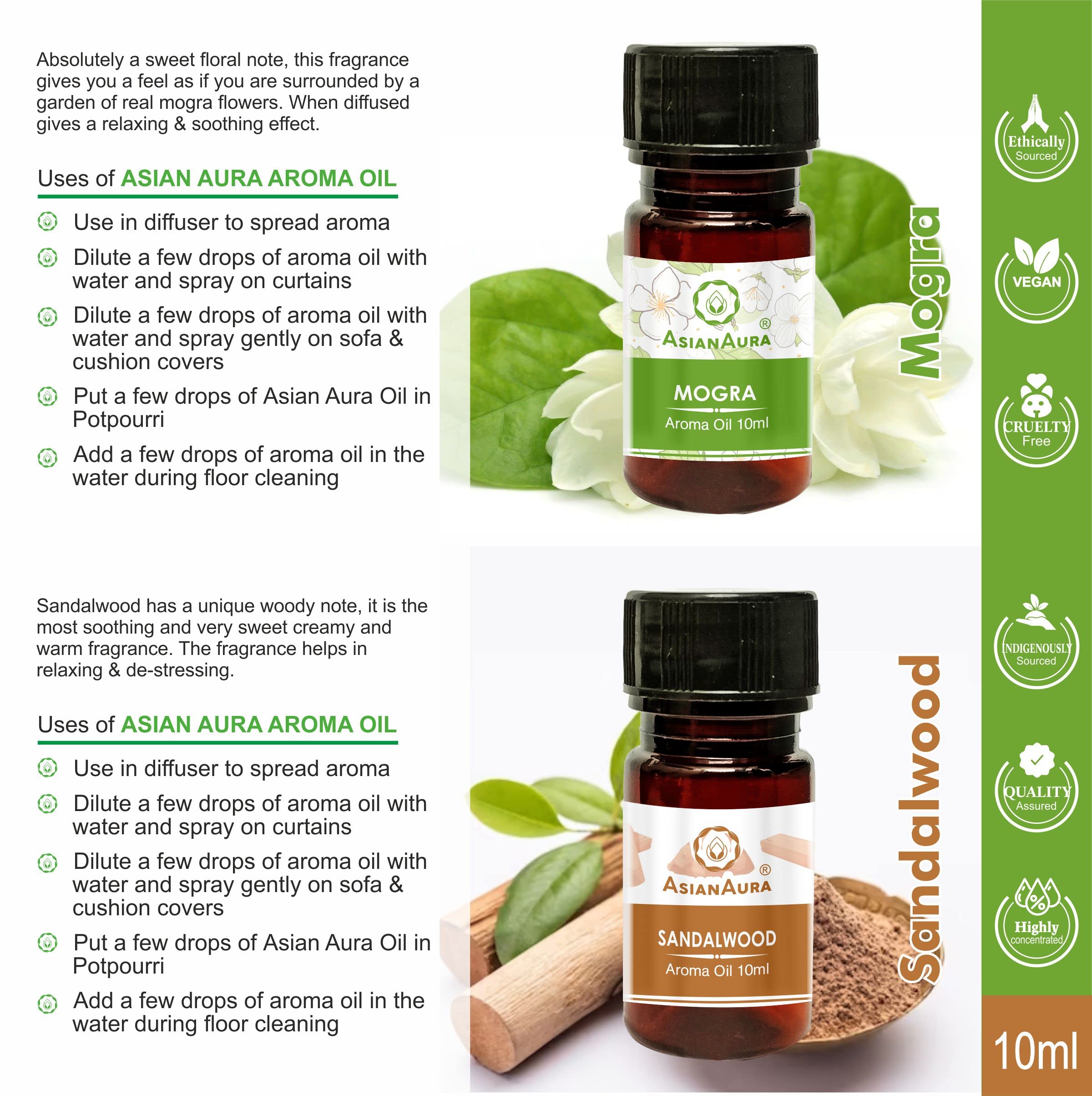 Premium Asian Aroma Essential Oil Set - 6 Pack (10ml Each) for Candle Warmers & Electric Diffusers | Marigold, Mogra, Sandalwood, Green Apple, Vanilla, Strawberry Scents | Home Fragrance Oil for Relaxation, Yoga & Aromatherapy