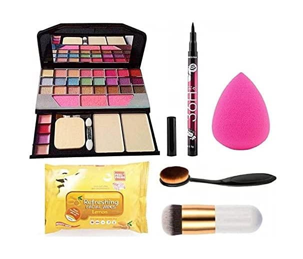 JEKANAZO'S Professional Makeup Kit Set of 6 - Includes Waterproof Eyeliner, Beauty Blender Sponge, Facial Wipes & Foundation Brushes | Perfect for Makeup Artists, Beginners & Travel | Complete Cosmetic Collection for Flawless Makeup Application