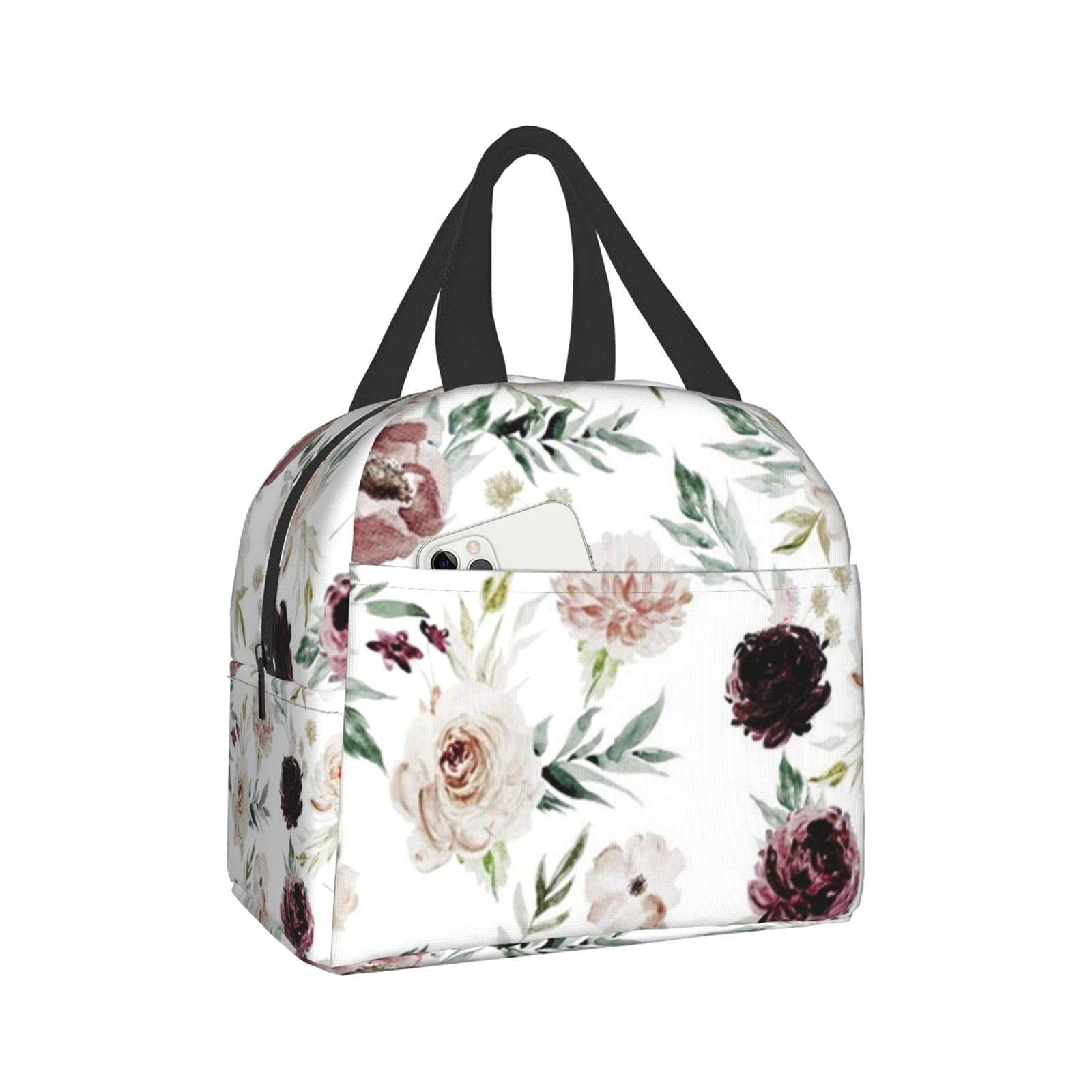 Insulated Velvet Cream Blooms White Lunch Box - Large Pocket Portable Lunch Tote Bag for Office, School, Picnic & Travel | Perfect for Meal Prep, Work Lunch & Outdoor Activities