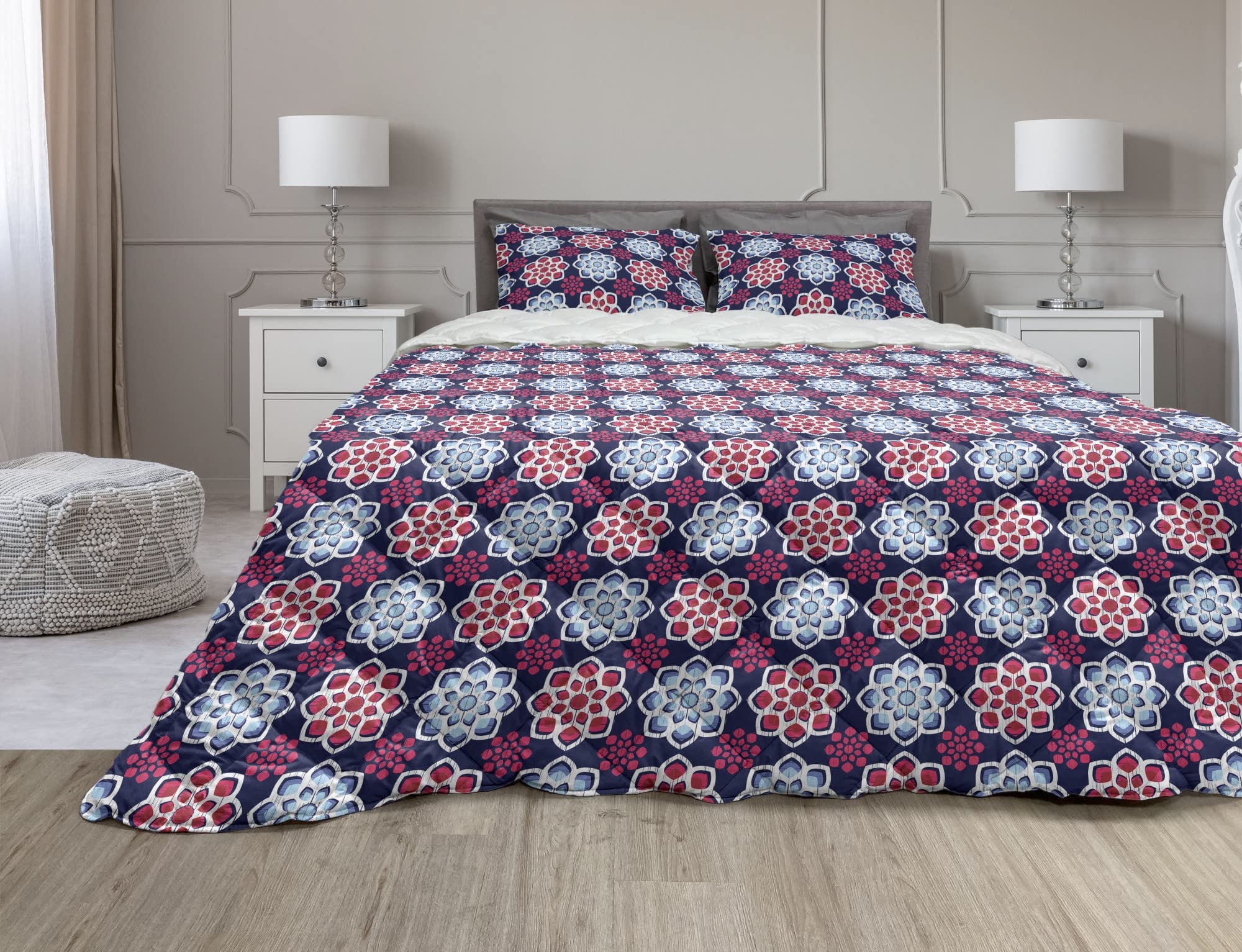 Ambesonne Mandala Comforter Set - Twin Size Dark Coral Indigo Blue Zen Floral Duvet Cover with Microfiber Filling | Sacred Motif Bedding for Meditation Rooms, Boho Chic Bedrooms & Spiritual Retreats