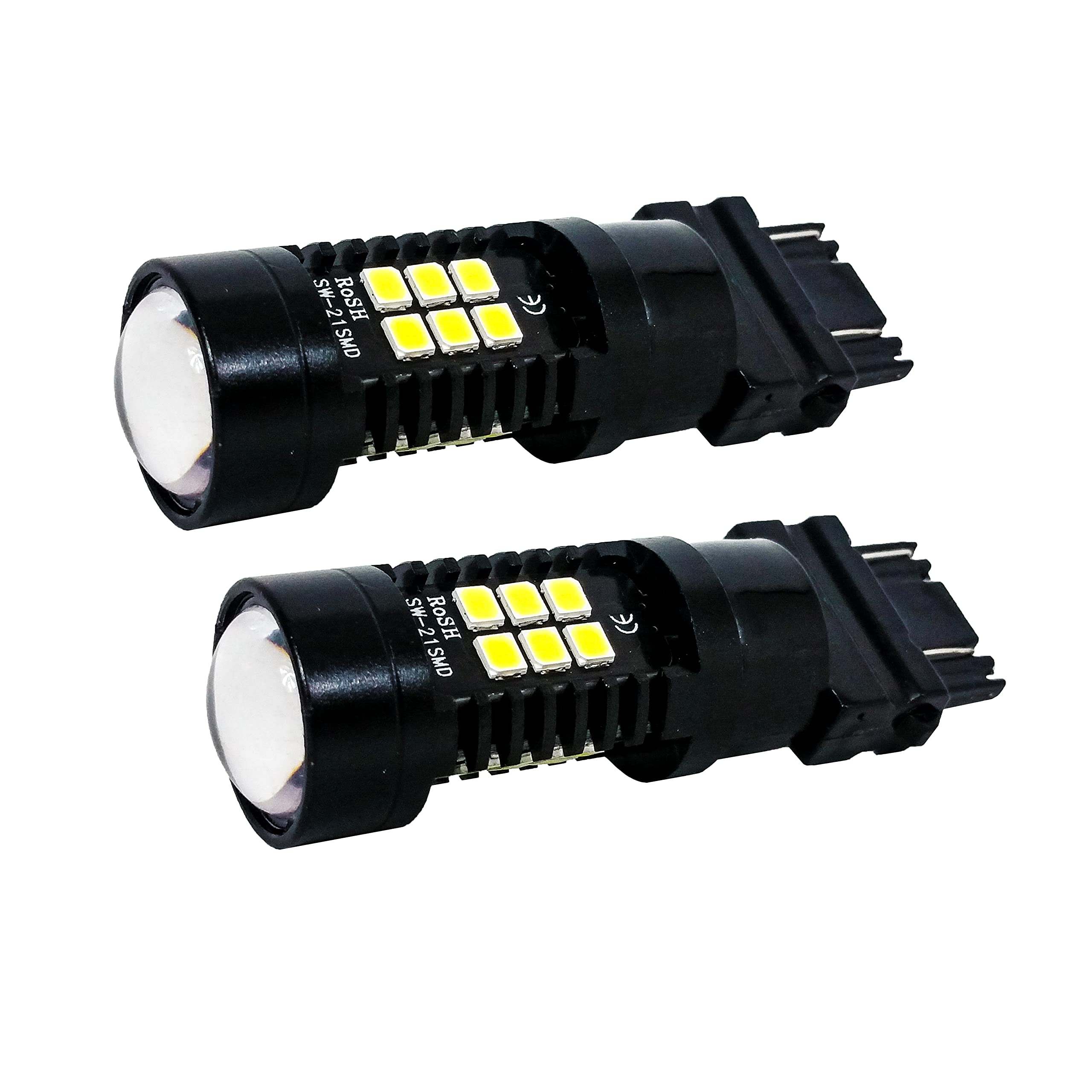 2-Pack White LED 3157 3156 3057 3056 Bulbs - 3-Sided Dual Intensity 21SMD Projector Lens for Running Tail, Brake, Turn Signal & Reverse Lights (12V-24V) - Perfect for Cars, Trucks, SUVs & Motorcycles