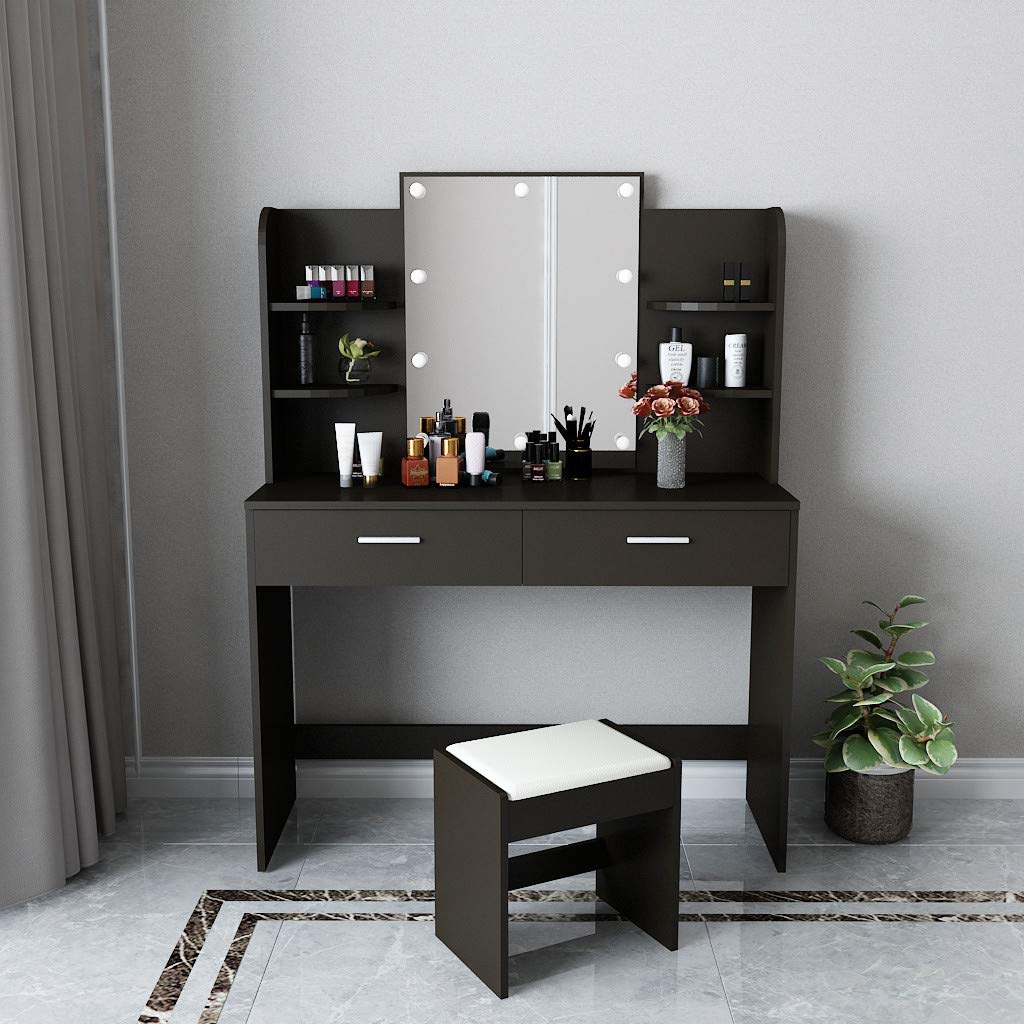 Fiudx Large Vanity Table Set with Lighted Mirror, Stool & Drawers - Perfect for Makeup, Dressing & Bathroom Organization