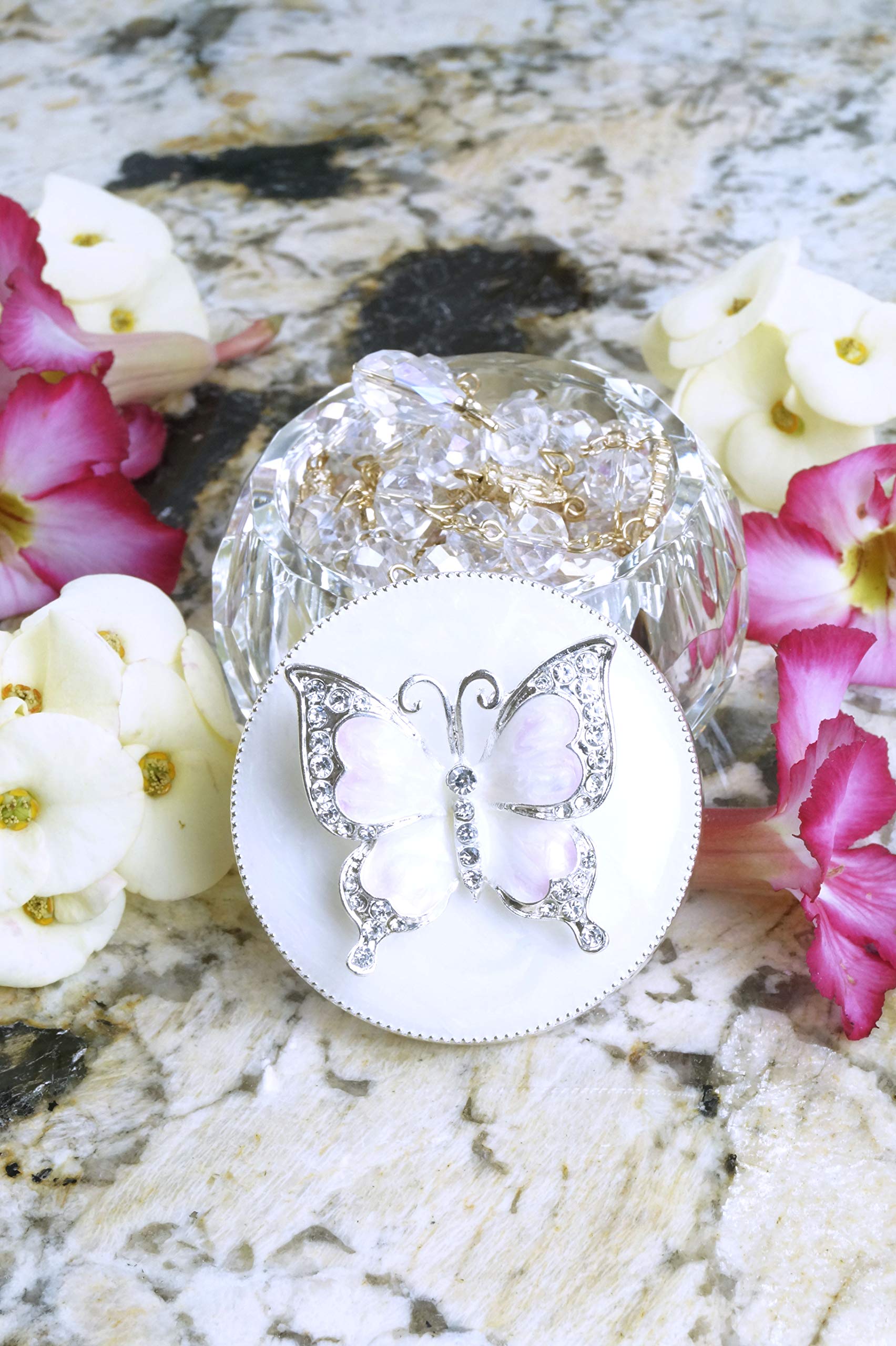 White & Pink Hand-Painted Butterfly Jewelry Box - Petite Trinket Organizer for Rings, Earrings & Necklaces | Decorative Jewelry Display & Storage for Dresser, Vanity & Travel
