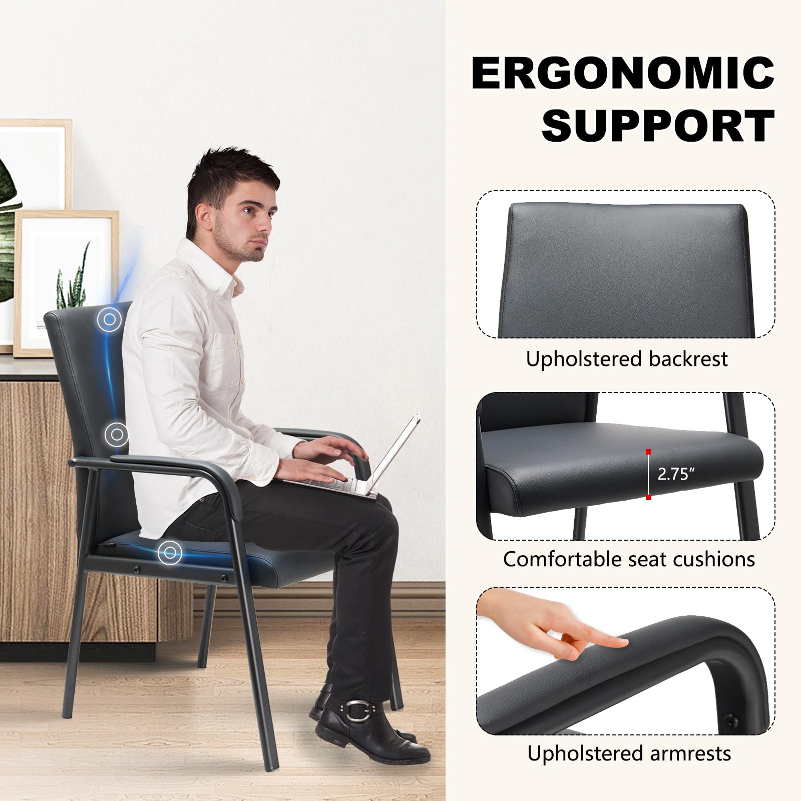 Premium Black Leather Office Guest Reception Chair - 600 lbs Capacity, Padded Armrests, No Wheels - Perfect for Conference Rooms, Waiting Areas & Executive Desks