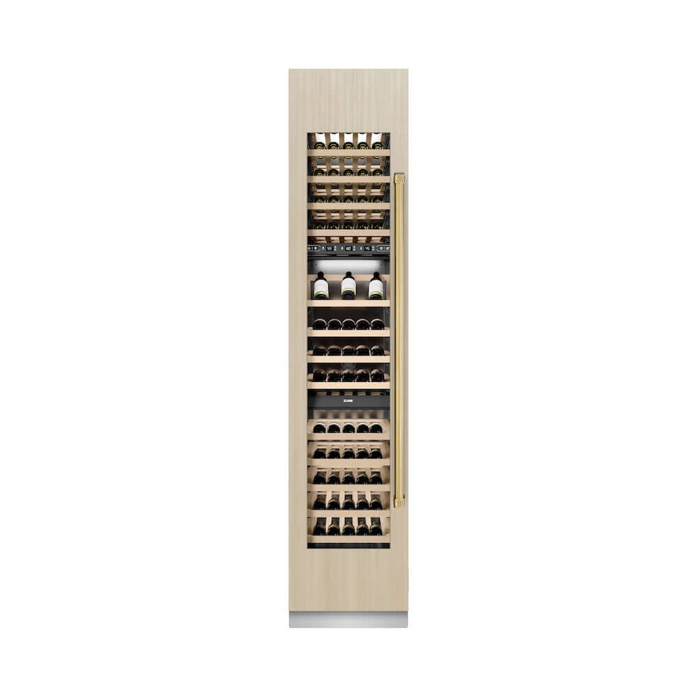 ZLINE Autograph Edition 18 Inch 9.0 cu ft Triple Zone 68 Bottle Panel Ready Left Hinge Column Wine Cooler with Polished Gold Accents (RBCWVLZ 18 G) - Perfect for Wine Cellars, Restaurants, and Upscale Home Bars