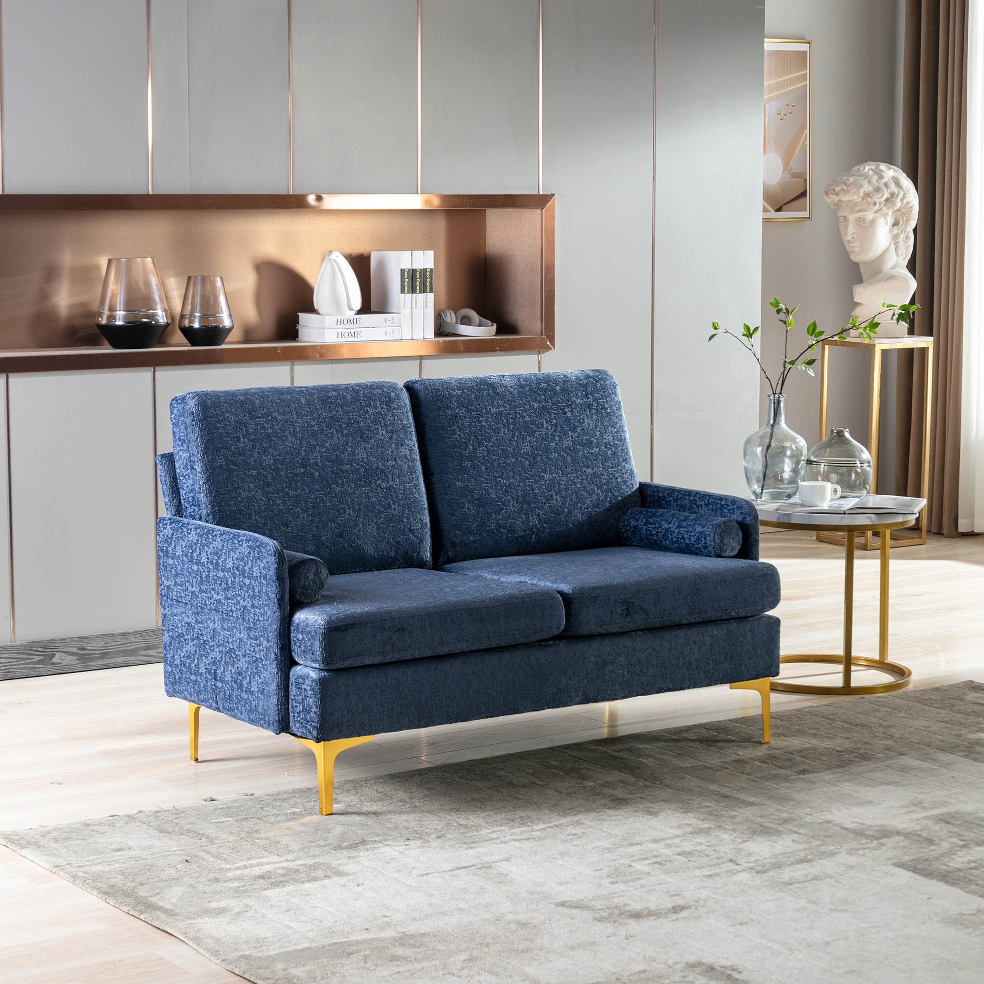 Modern Loveseat Sofa Chair with Thick Cut Pile Cushion & Storage Pocket - Upholstered 2-Seater with Golden Legs & Pillows - Perfect for Living Room, Bedroom, Apartment (Blue) - Great for Small Spaces, Reading Nooks & Cozy Conversations