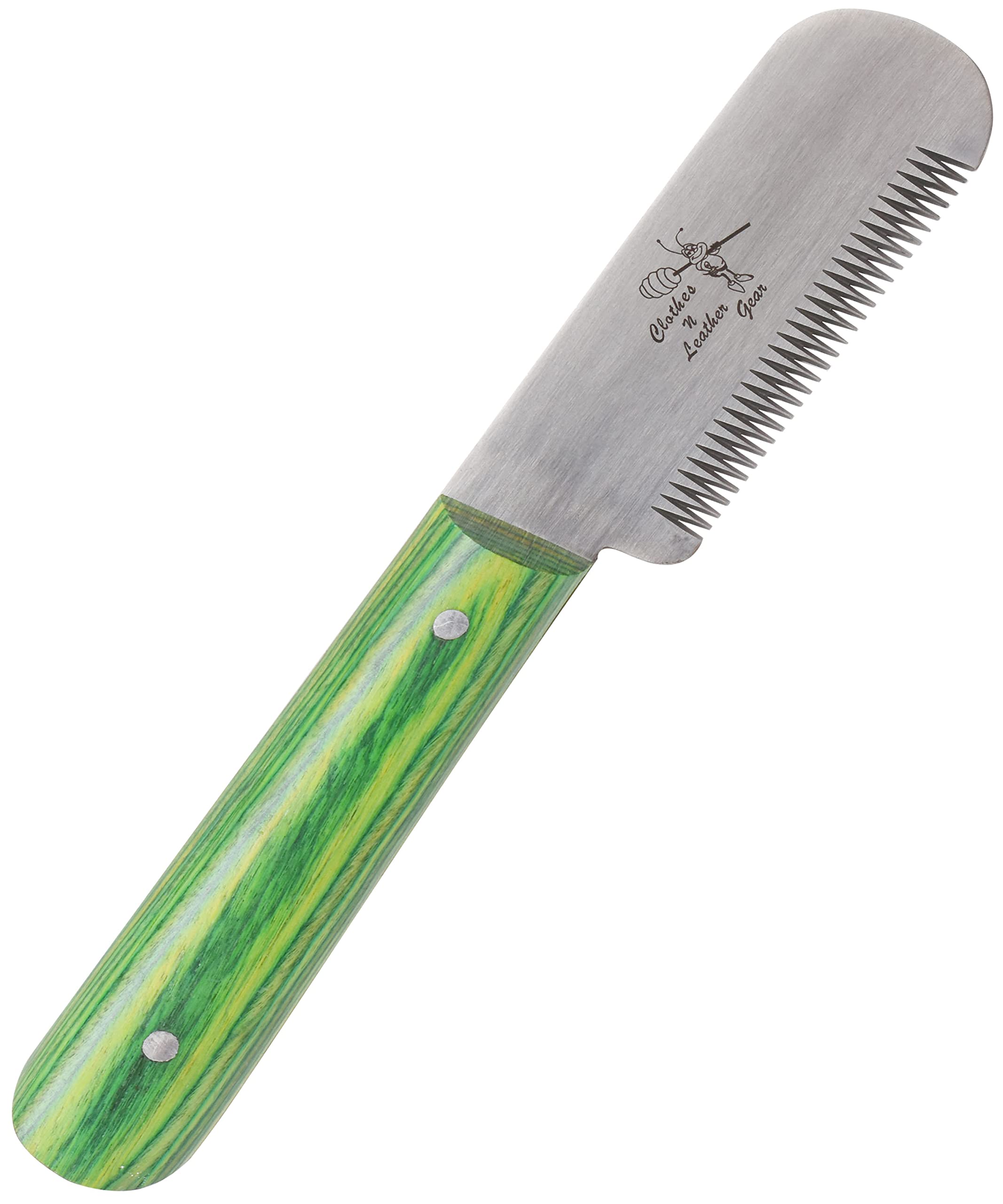 Professional 3 Inch Stainless Steel Stripping Knife with Wooden Handle - Right Handed Tool (Fine Teeth, Green) | Perfect for Leather Crafting, Upholstery & DIY Projects