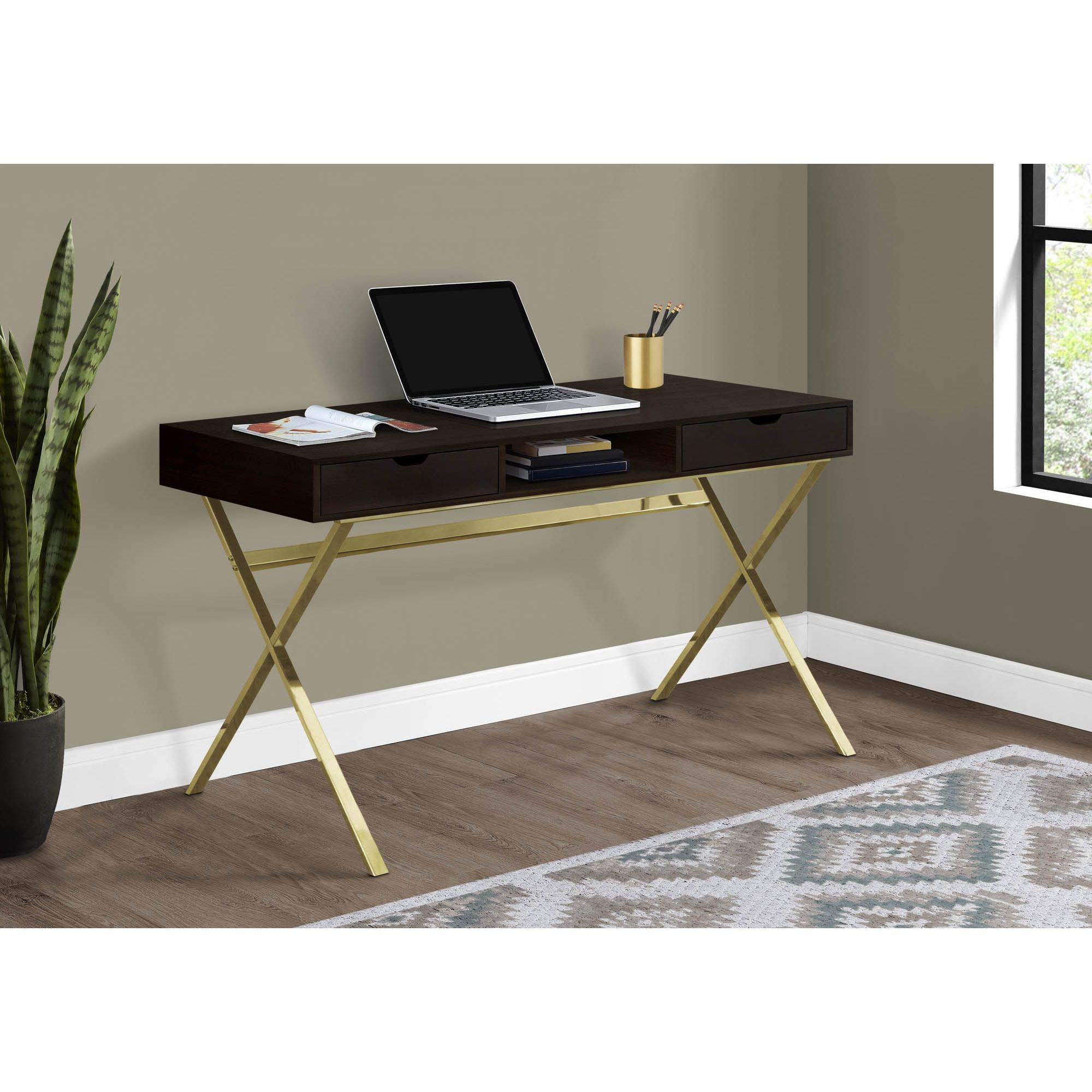 Offex 48 Inch Modern Computer Desk with Gold Metal Legs, Cappuccino Finish - Stylish Home Office Desk for Work & Study, Perfect for Small Spaces & Remote Work