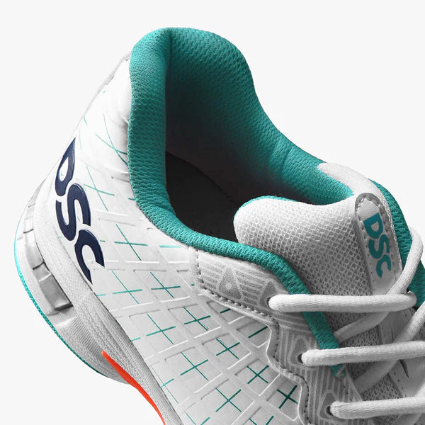 DSC Biffer 22 Cricket Shoes for Adults - White, Teal & Orange Colors - Perfect for Professional Matches & Training Sessions