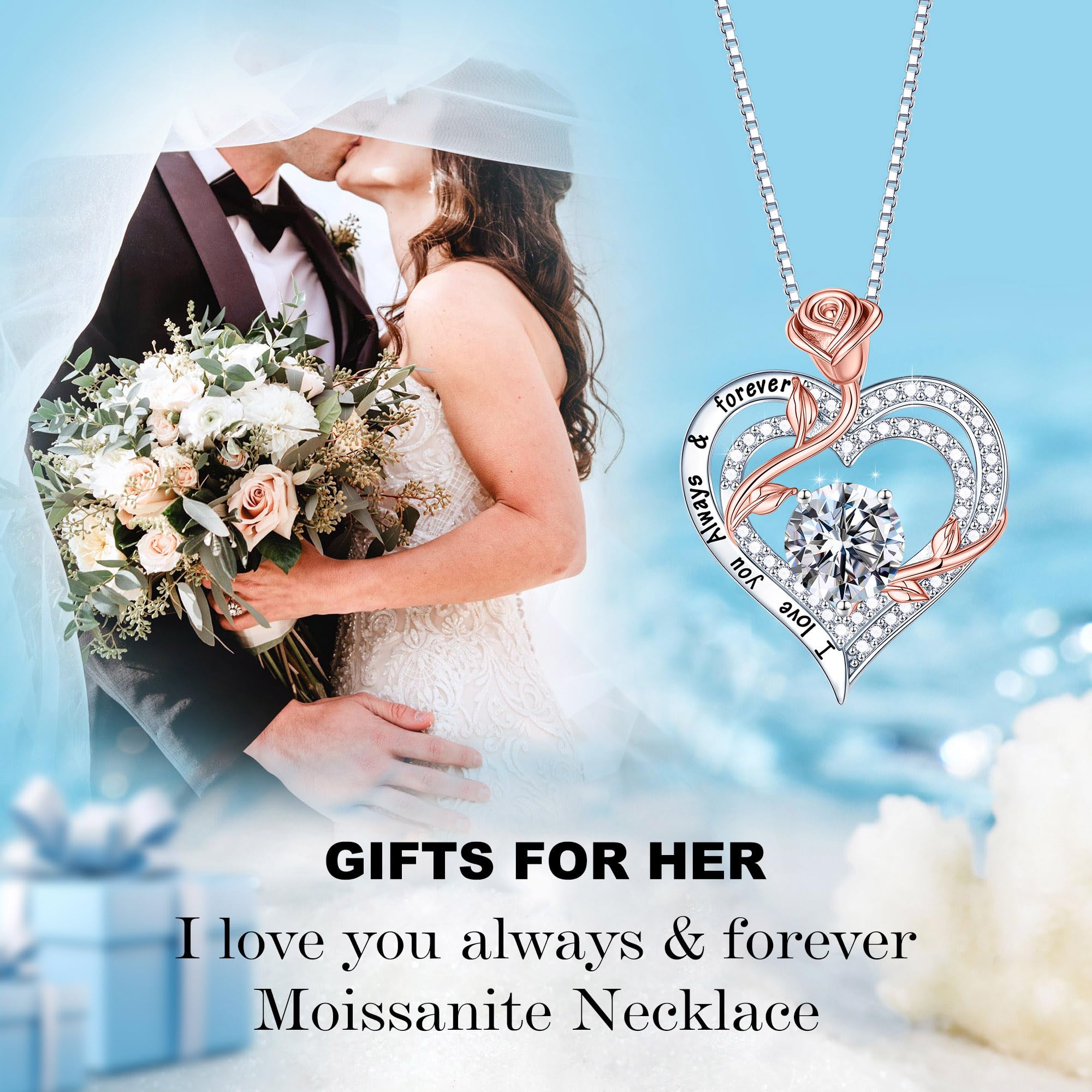 MOOSEA 1-3 ct D Color VVS1 Moissanite Rose Heart Necklace - Anniversary & Birthday Gift for Wife, Girlfriend, Women | Perfect for Valentine's Day, Wedding, Proposal & Romantic Occasions