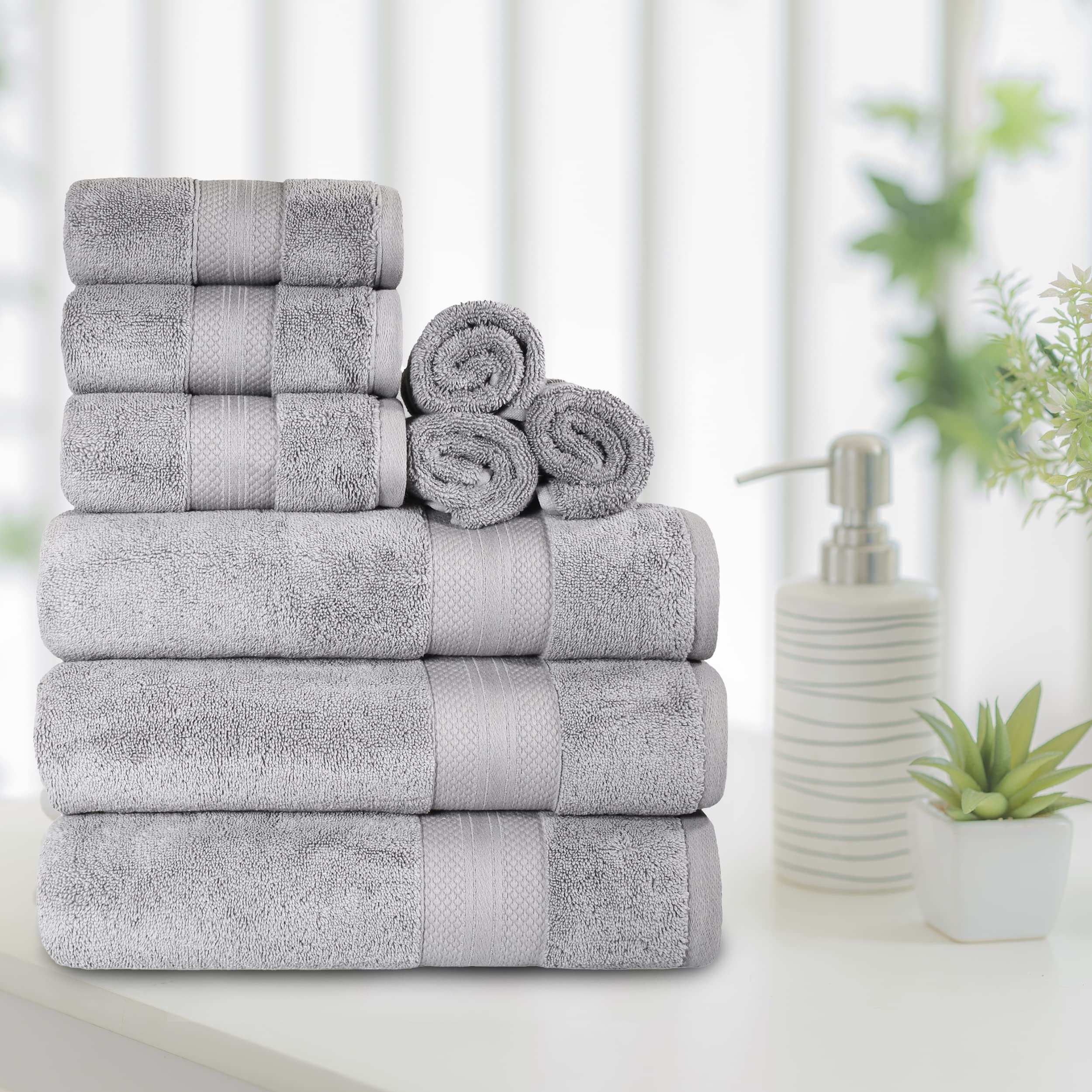 Premium 9-Piece Turkish Cotton Towel Set - 3 Bath Towels, 3 Hand Towels & 3 Face Towels | Ultra Soft & Absorbent | Luxury Bathroom Essentials for Home, Hotel, Spa & Airbnb | Perfect for Adults & Kids | Grey Plush Towel Set for Shower, Resort & Apartment Use