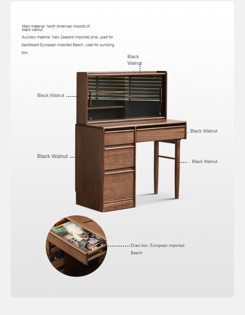 Luxury Black Walnut Solid Wood Vanity Dressing Table with Mirror - Perfect for Bedroom, Makeup & Beauty Organization