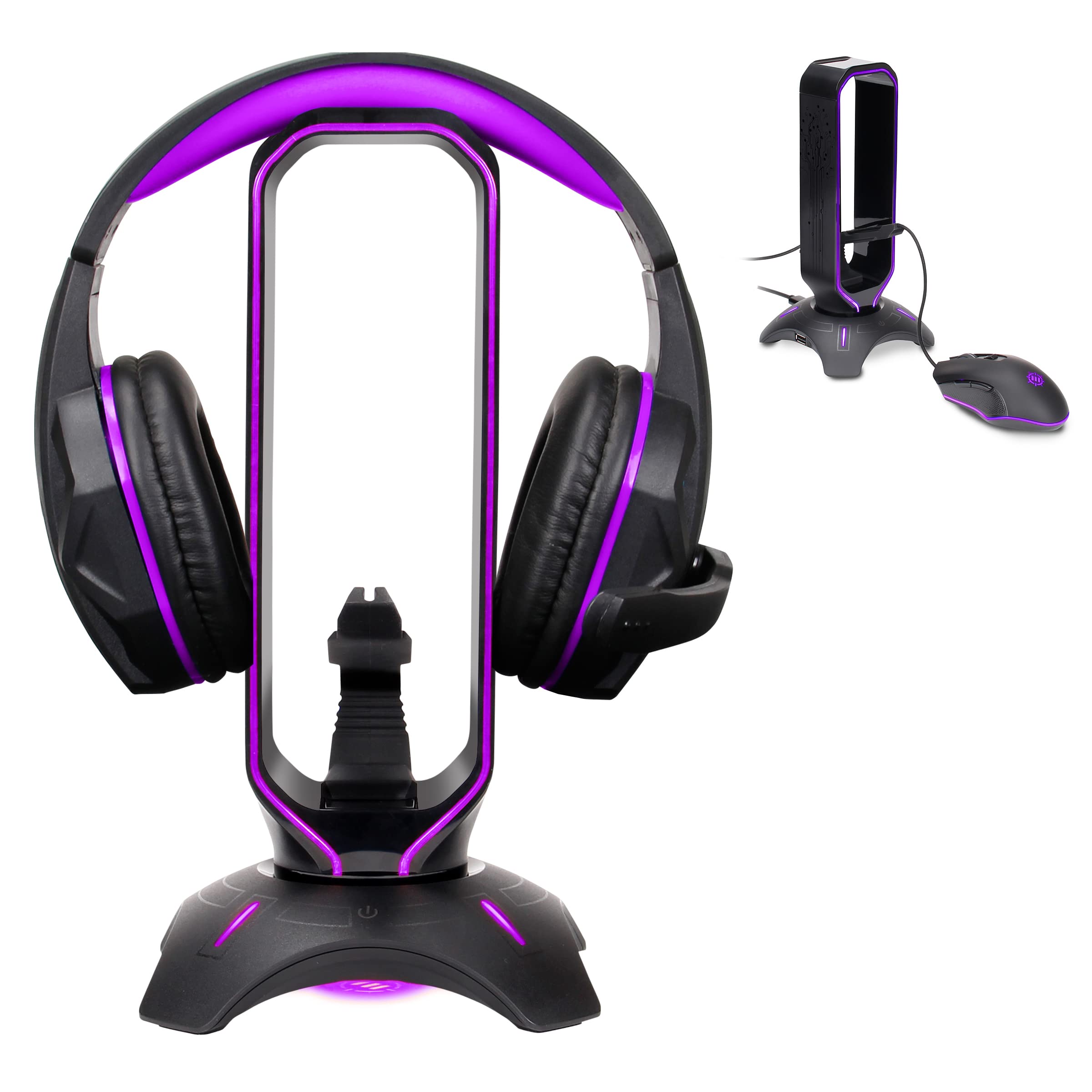 Premium RGB Gaming Headset Stand with Mouse Bungee & USB Hub - 7 Color LED Modes for PC, PS5, Xbox One - Perfect for Gaming Setup, Streaming & Office Workstation Organization