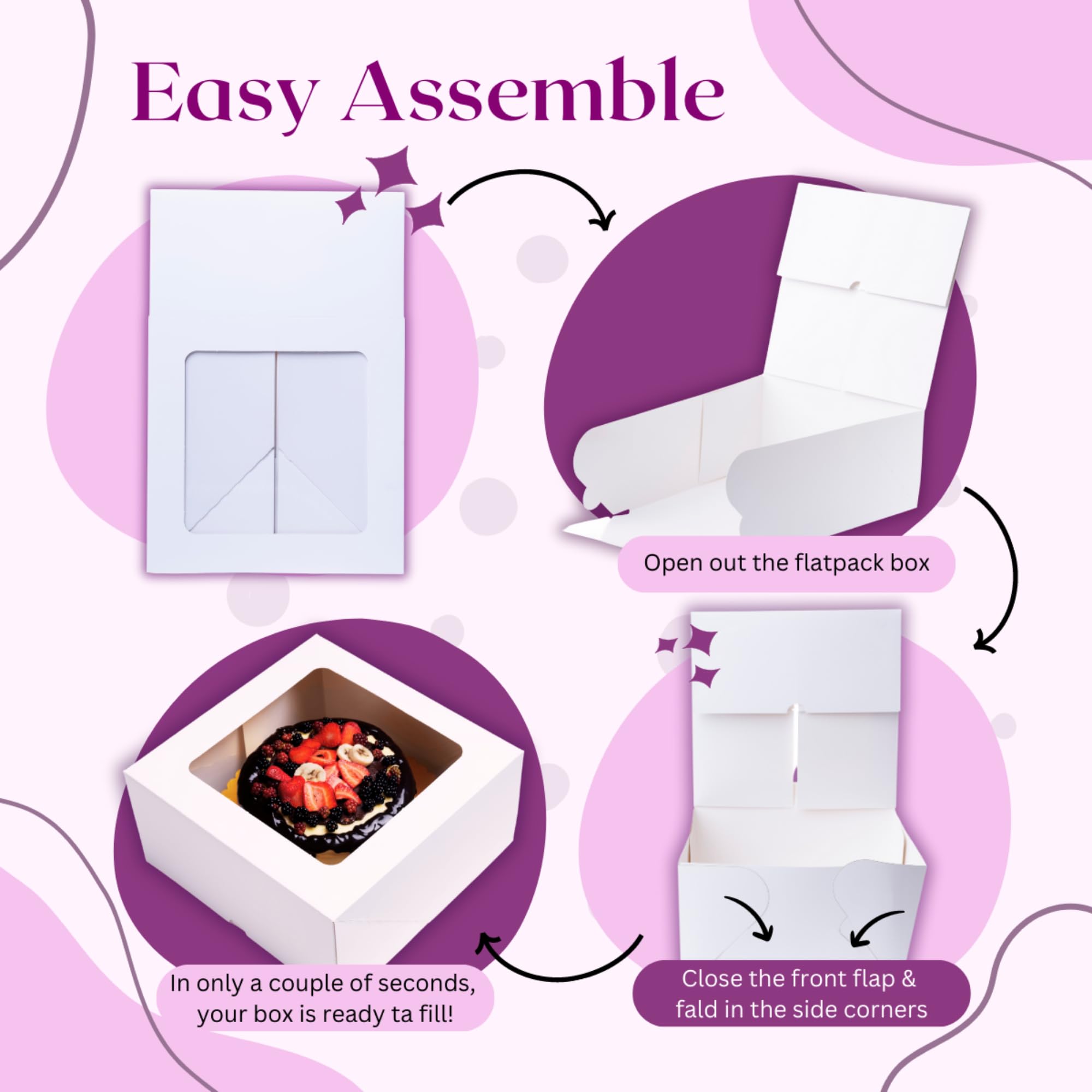 8x8x4 Inch White Cake Boxes with Window - 25 Pack + 30 Bonus Stickers | Auto Pop-Up, Extra Thick & Oil Resistant | Perfect for Cookies, Pies, Pastries & Bakery Treats | Ideal for Home Bakers & Restaurants | Great for Gift Packaging & Party Desserts
