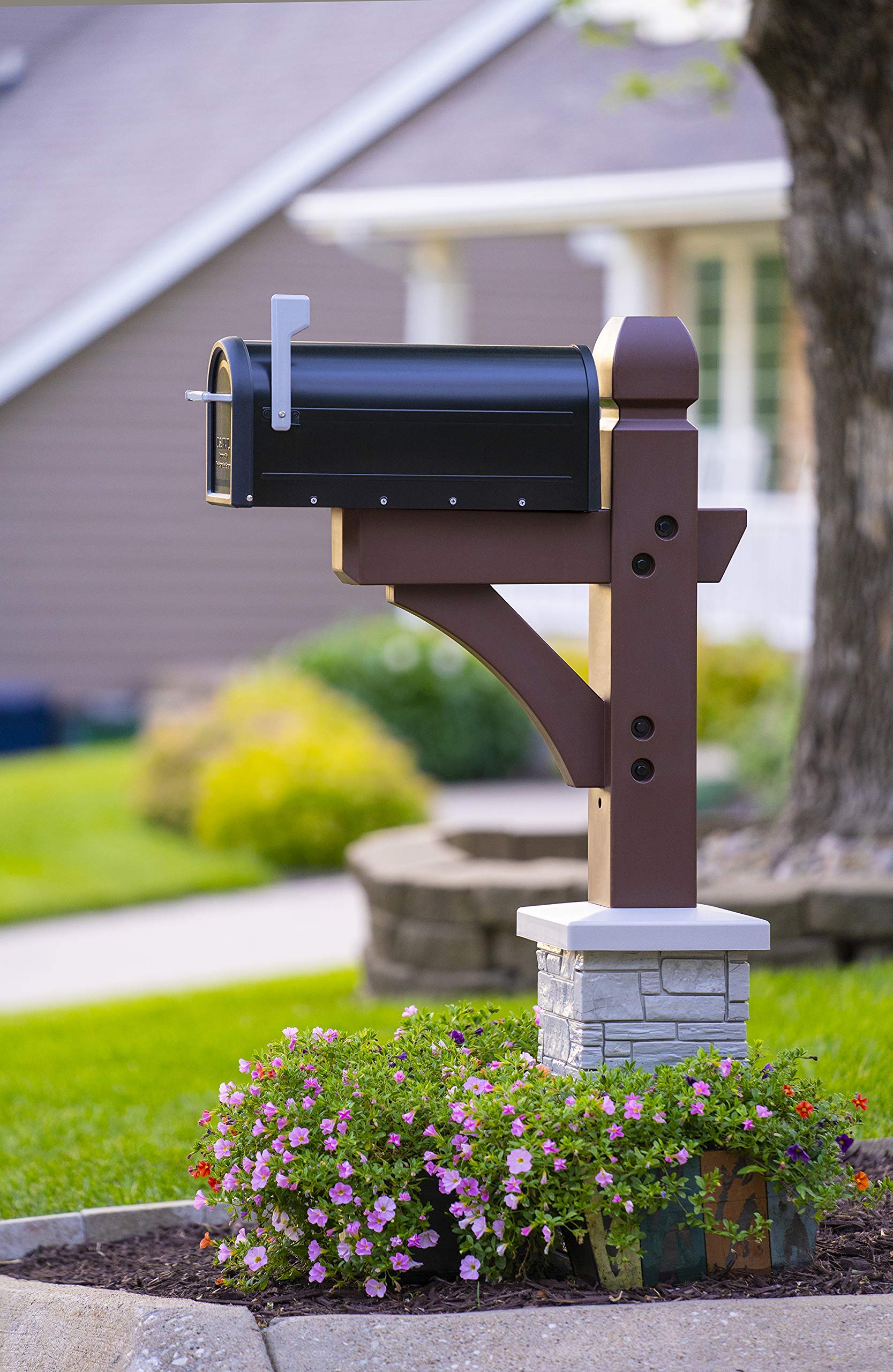 Premium Mailbox Post Set with Cross-Arm - Classic Coffee Brown Finish - Durable Outdoor Mailbox Stand for House, Farm & Rural Areas