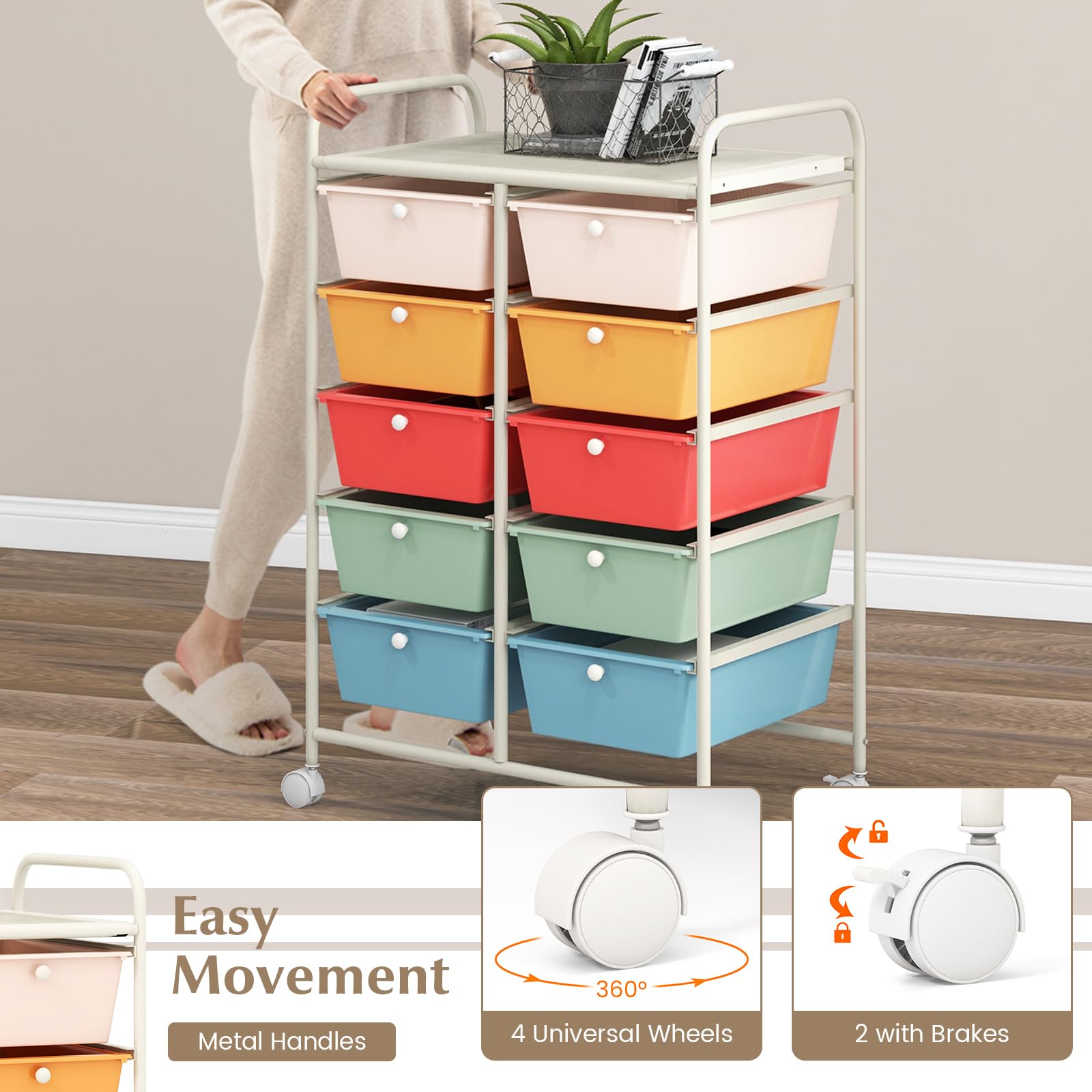 Byroce 10-Drawer Rolling Cart with Wheels - Multipurpose Craft Storage Organizer for Art Supplies, Tools, Paper - Perfect for School, Teacher, Home & Office Organization (Macaroon) - Ideal for Classroom Supplies, Craft Room Storage & Office Organization