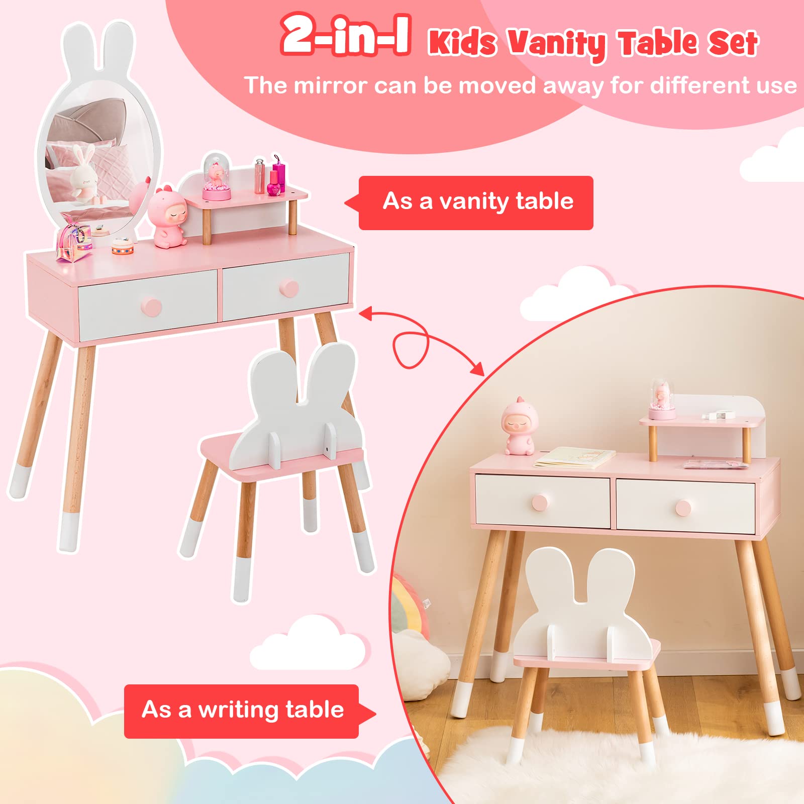 **White Kids Vanity Set with Mirror, Storage Shelf & 2 Large Drawers - Princess Dressing Table & Toddler Makeup Vanity for Girls - Perfect for Playroom, Bedroom & Birthday Gifts**