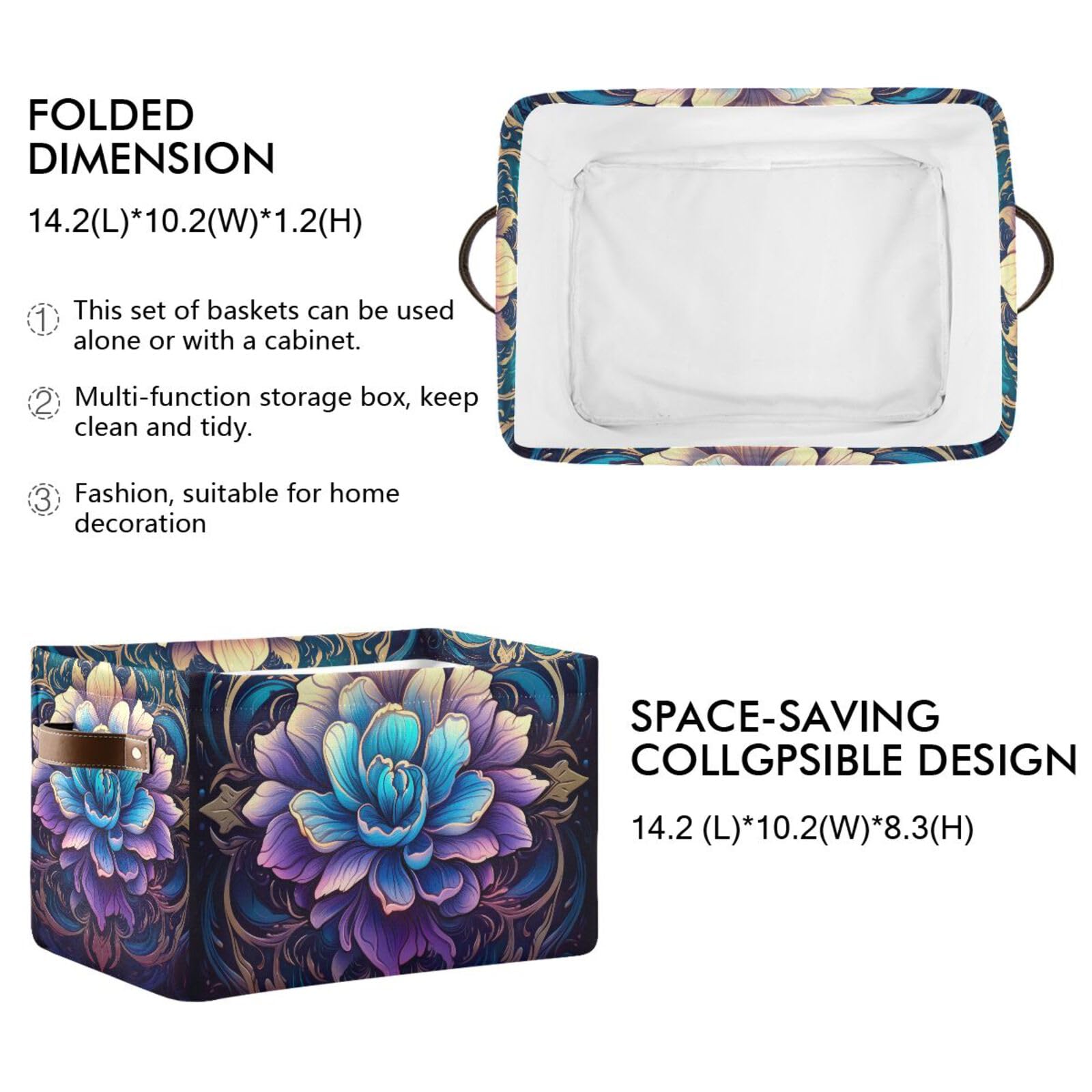 Blue Mandala Foldable Storage Baskets - 2 Pack Rectangle Canvas Fabric Organizer Boxes with Handles for Home, Office, Closet & Shelves | Perfect for Clothes, Toys & Home Decor Organization