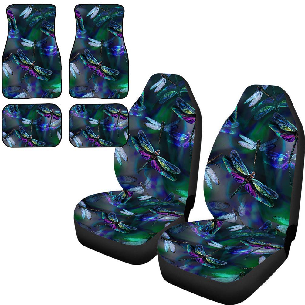 Exotic Dragonflies Print Car Seat Covers (Front Seats Only) & 4-Piece All-Weather Heavy Duty Rubber Backing Car Floor Mats - Durable Auto Interior Accessories for Sedans, SUVs & Trucks | Perfect for Road Trips, Daily Commute & Outdoor Adventures