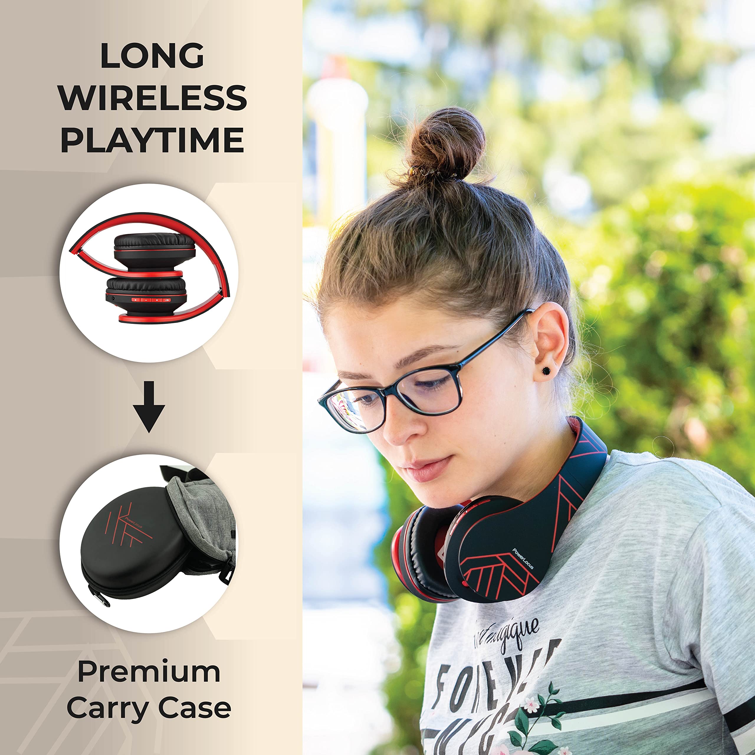 PowerLocus Bluetooth Over-Ear Headphones - Wireless & Wired Stereo Headset with Built-in Mic, Foldable Design, Micro SD/TF & FM Radio - Compatible with iPhone, Samsung, iPad, PC (Black/Red) - Perfect for Travel, Workouts & Home Entertainment