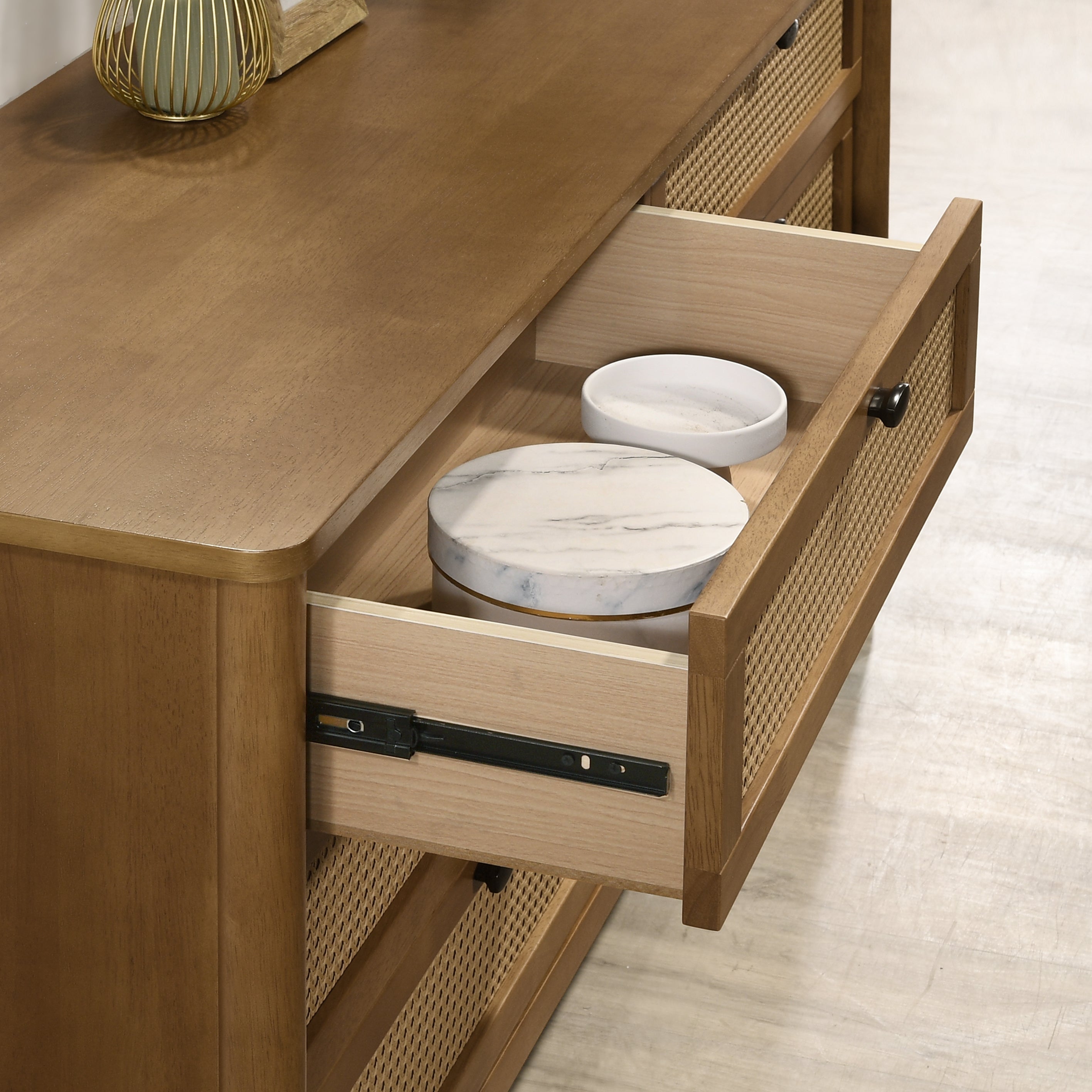 Roundhill Furniture Vichy 6-Drawer Wood and Rattan Dresser with Mirror - Stylish Bedroom Storage for Home Decor