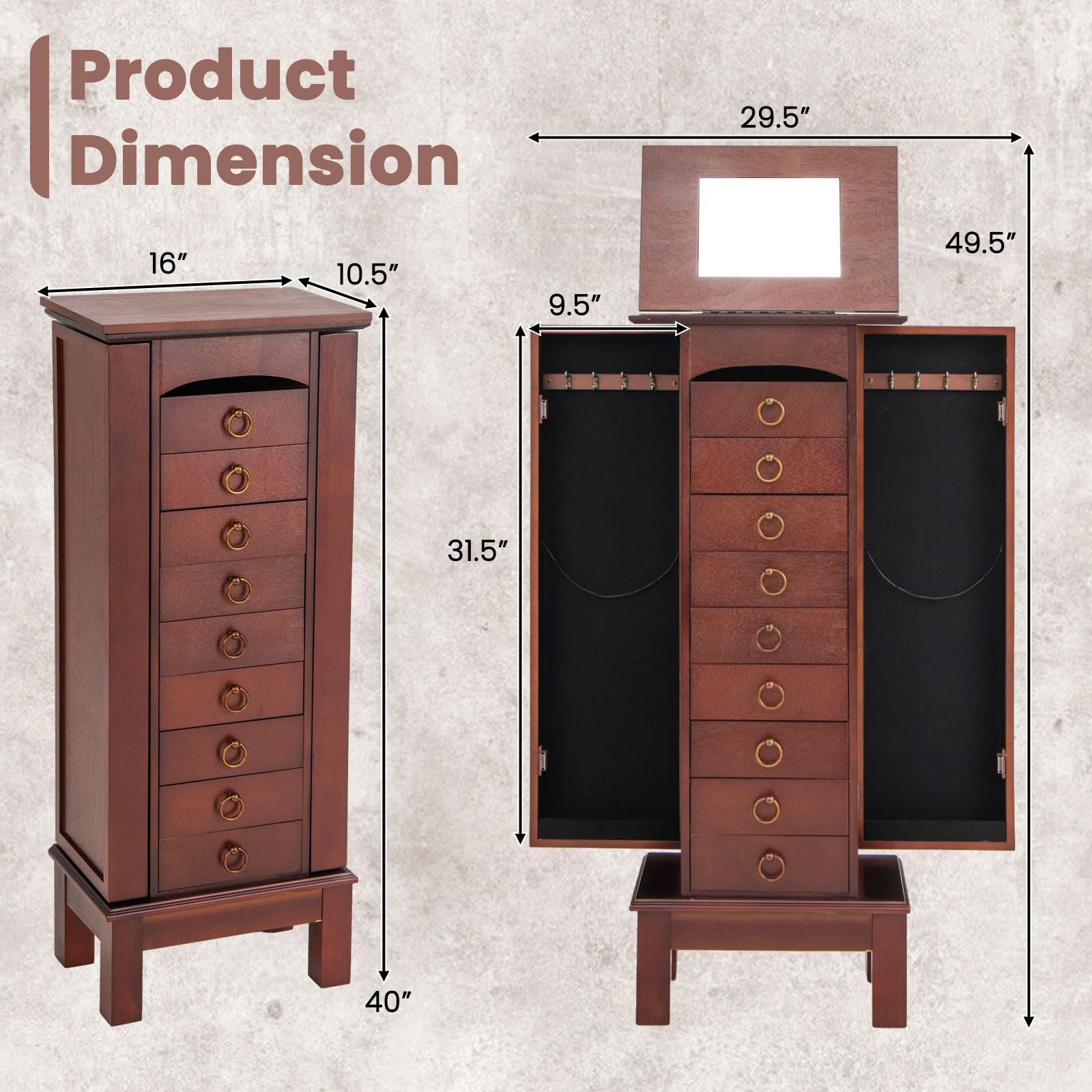 Giantex Large Jewelry Cabinet Armoire with 9 Drawers & 2 Doors - Standing Jewelry Organizer with Mirror, Necklace Hooks & Storage Compartments - Perfect for Bedroom, Closet & Dressing Room Organization