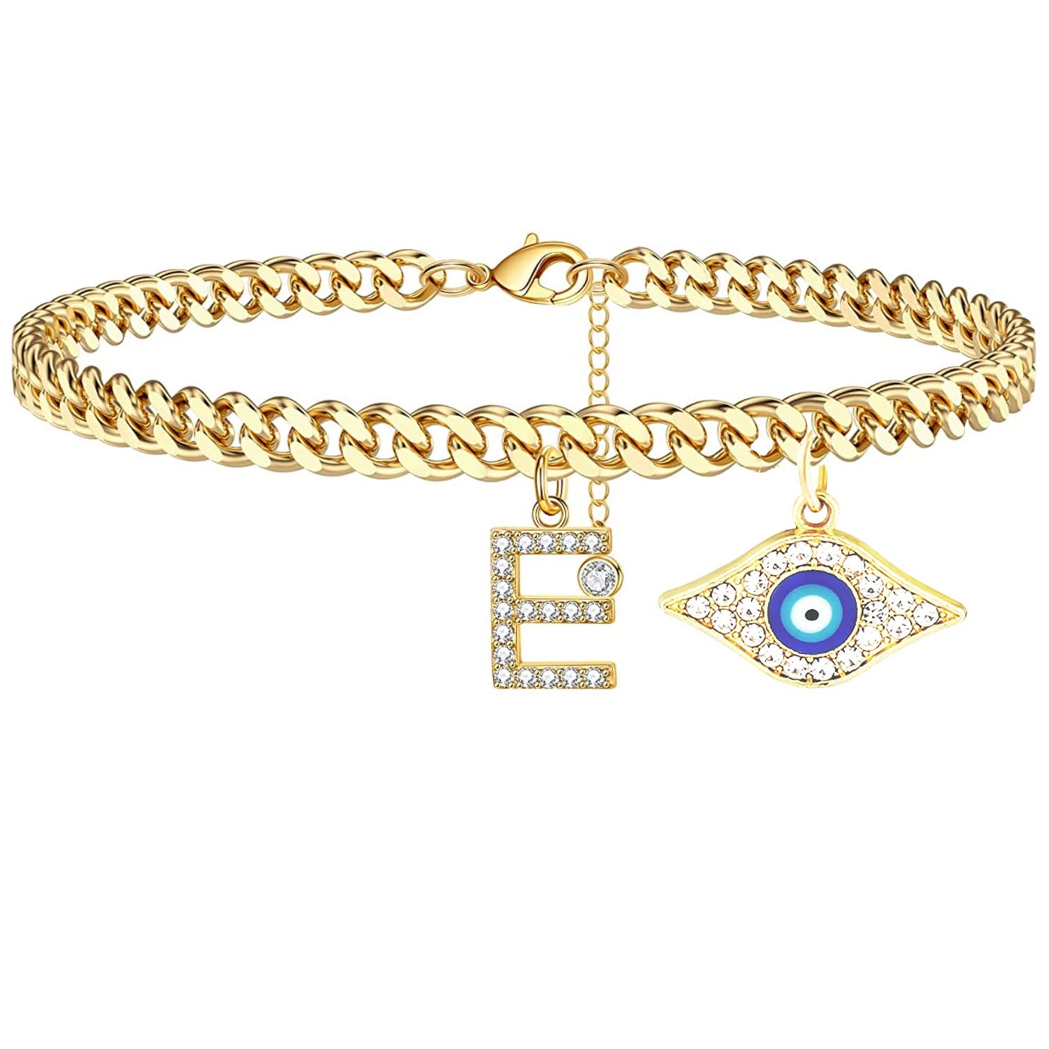 18K Gold Plated Dainty Cuban Link CZ Initial Anklet for Women - Evil Eye Protection Ankle Bracelet, Summer Jewelry Gift for Teen Girls & Women - Perfect for Beach Vacations, Parties & Everyday Wear